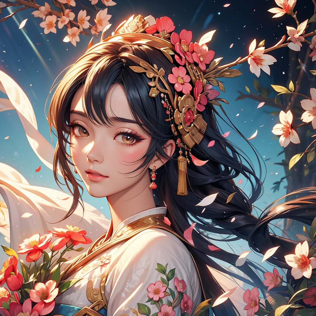 Holding a fan、Arabian woman with flowers in her hair, Exquisite digital illustrations, Beautiful artwork illustration, Amazing digital illustrations, Beautiful digital art, Inspired by Yoon Doo-seo, In the style of digital illustration, Empress of China, Portrait of a Geisha, Beautiful Fantasy Empress, Beautiful digital illustrations, 美しいPortrait of a Geisha, Portrait of a Geisha