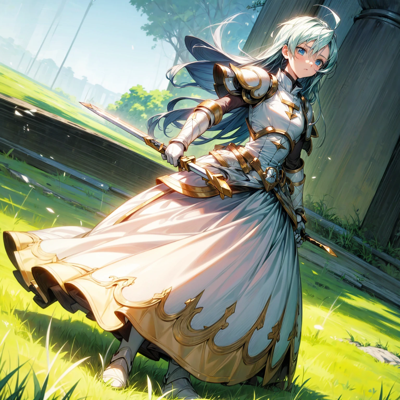 Blue eyes, white long hair, knife in hand, motion blur, white armor, (Hunter x Hunter style art)