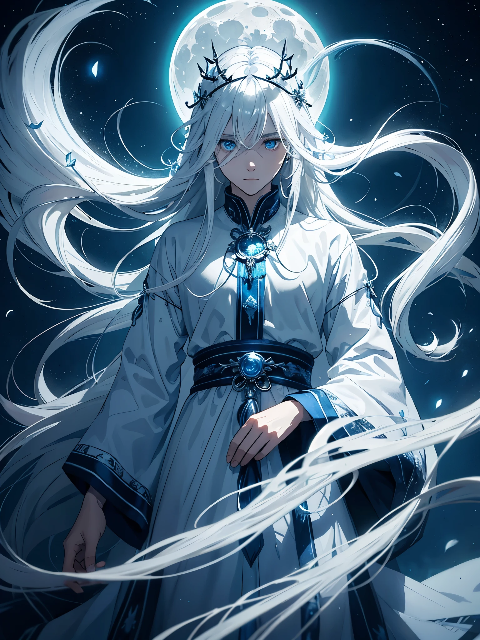 Mehr anime. White crows. Ghosts. lights. magical. Power animals. Spirit. King of the moon. Long hair. long white hair. aquatic, boy, silver hair accessories, White hair, blue flowers. Blue lights.