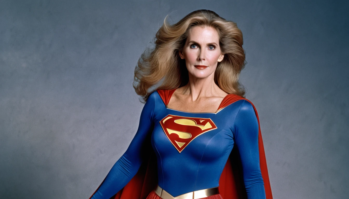 strong/powers sexy Superold woman Julie Hagerty Supergirl 1984s DC comics costume; big and strong breasts. HD. Photograph, ((realism)), extremely high quality RAW photograph, ultra detailed photograph, sharp focus, high resolution, (detailed skin:1,3),high quality, film grain, Fujifilm XT3,Highly Detailed, movie, (Cinematic Photo:1.3) of (Realistic:1.3)