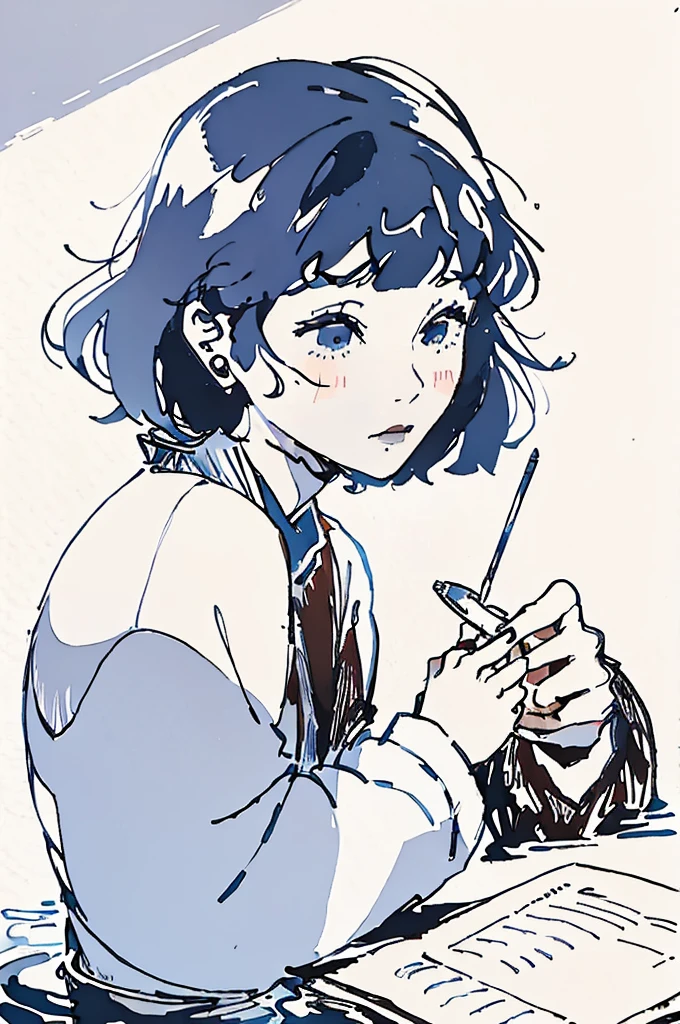 Singer IU wrting a letter, detais, thick stroke, water paint:0.5,