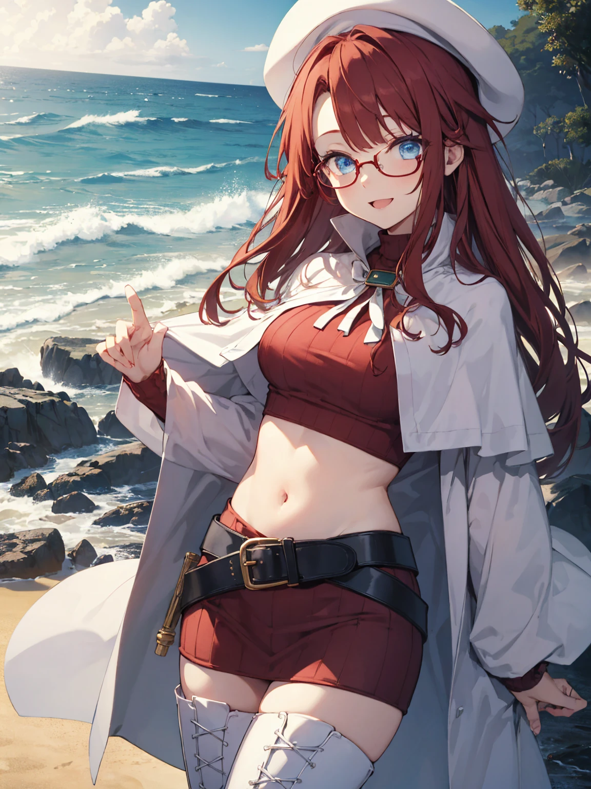 summonnightaty, aty, (young:1.3),long hair, blue eyes, red hair, big_tits, hat, glasses,
BREAK long hair, thighhighs, hat, dress, naked_legs, glasses, belt, cape, sweater, zettai ryouiki, beret, thigh boots, white footwear, ribbed sweater, loose belt,solo,
BREAK outdoors, fantasy,on_beach,
,Highquality_hads,perfect_fingers,
BREAK (masterpiece:1.2), best quality, high resolution, unity 8k wallpaper, (illustration:0.8), (beautiful detailed eyes:1.6), extremely detailed face, perfect lighting, extremely detailed CG, (perfect hands, perfect anatomy),covered_nipples,covered_navel ,half_eyes,long_sword,sleepy_eyes,red_sweater,apart_knees,magical_effect,spread_legs, have_a_book,teacher,rise_knee,Smile,rise_hand,look_down_viewer,spread_arms,sea_waves,looking_into,blue_sky,plump,open_mouth, dynamic_posing,solo