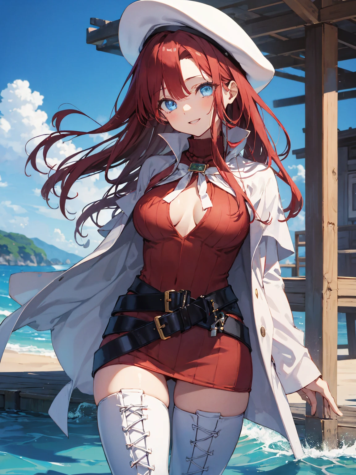 summonnightaty, aty, (young:1.3),long hair, blue eyes, red hair, big_tits, hat, glasses,
BREAK long hair, thighhighs, hat, dress, naked_legs, glasses, belt, cape, sweater, zettai ryouiki, beret, thigh boots, white footwear, ribbed sweater, loose belt,solo,
BREAK outdoors, fantasy,on_beach,
,Highquality_hads,perfect_fingers,
BREAK (masterpiece:1.2), best quality, high resolution, unity 8k wallpaper, (illustration:0.8), (beautiful detailed eyes:1.6), extremely detailed face, perfect lighting, extremely detailed CG, (perfect hands, perfect anatomy),covered_nipples,covered_navel ,half_eyes,long_sword,sleepy_eyes,red_sweater,apart_knees,magical_effect,spread_legs, have_a_book,teacher,rise_knee,Smile,rise_hand,look_down_viewer,spread_arms,sea_waves,looking_into,blue_sky,plump,open_mouth, dynamic_posing,solo