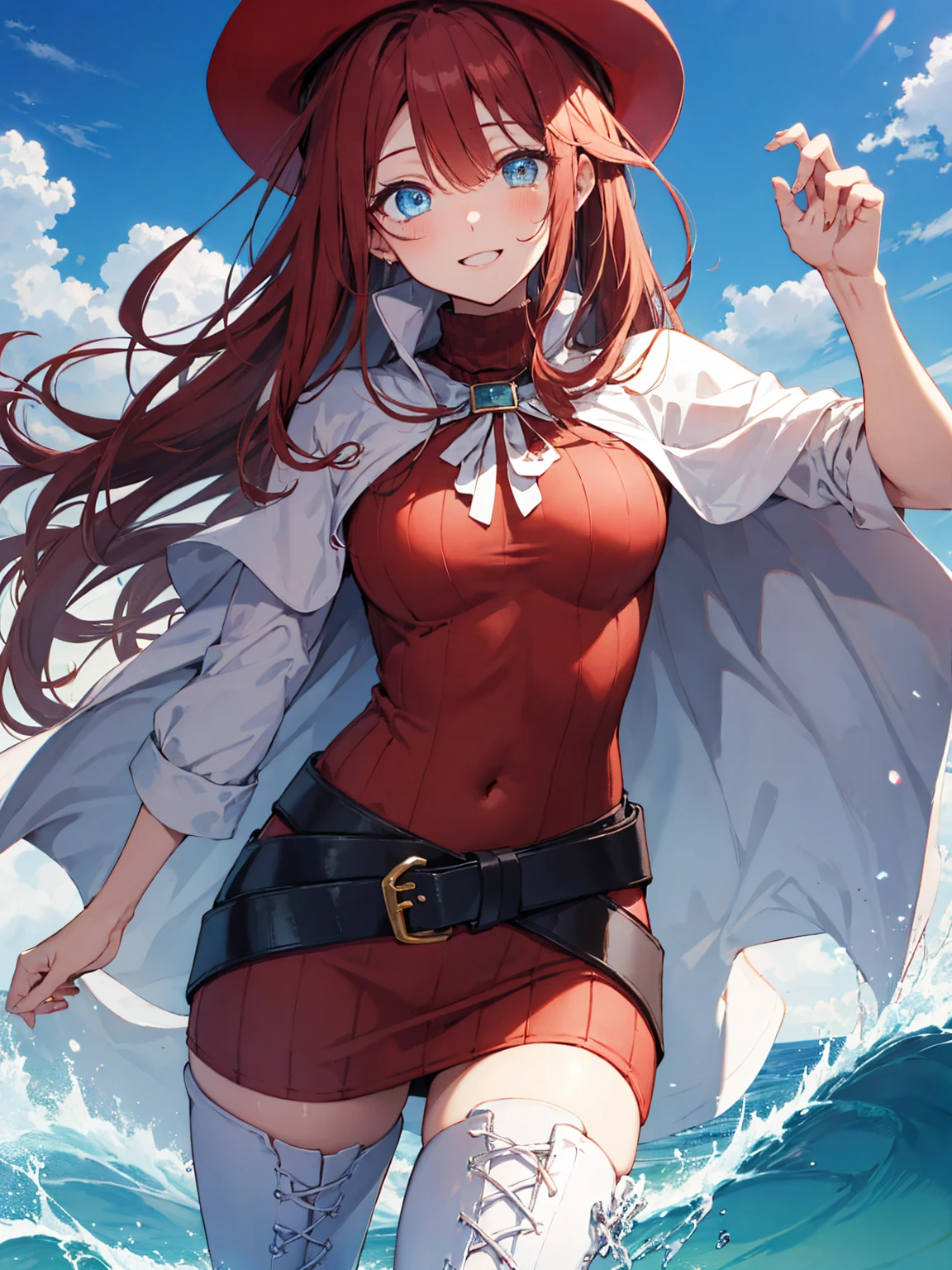 summonnightaty, aty, (young:1.3),long hair, blue eyes, red hair, big_tits, hat, glasses,
BREAK long hair, thighhighs, hat, dress, naked_legs, glasses, belt, cape, sweater, zettai ryouiki, beret, thigh boots, white footwear, ribbed sweater, loose belt,solo,
BREAK outdoors, fantasy,on_beach,
,Highquality_hads,perfect_fingers,
BREAK (masterpiece:1.2), best quality, high resolution, unity 8k wallpaper, (illustration:0.8), (beautiful detailed eyes:1.6), extremely detailed face, perfect lighting, extremely detailed CG, (perfect hands, perfect anatomy),covered_nipples,covered_navel ,half_eyes,long_sword,sleepy_eyes,red_sweater,apart_knees,magical_effect,spread_legs, have_a_book,teacher,rise_knee,Smile,rise_hand,look_down_viewer,spread_arms,sea​_waves,looking_into,blue_sky,plump,open_mouth, dynamic_posing,solo