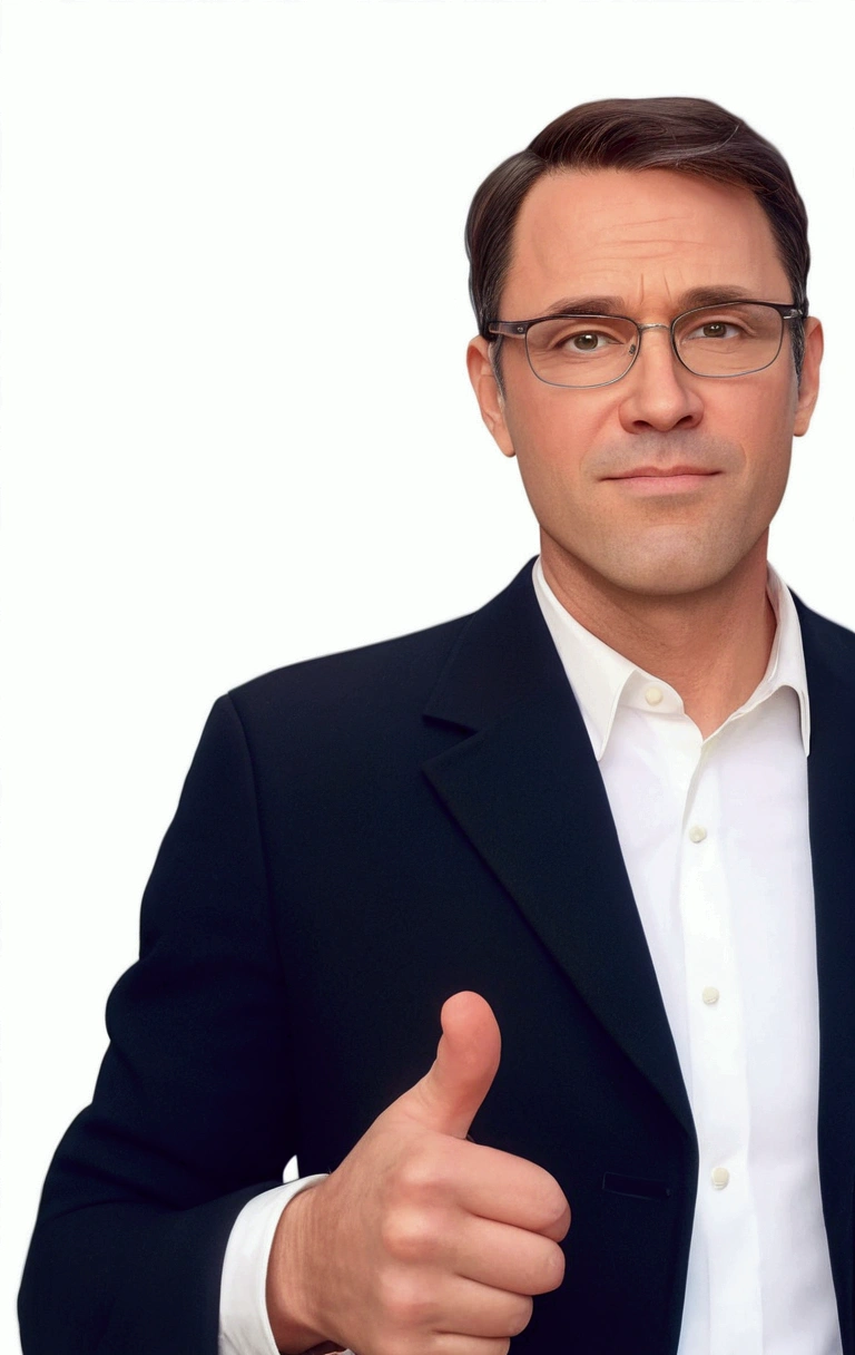 3D Pixar style drawing create scene with 40 year old young man, light colored, short dark brown hair, stylish glasses, with black suit and white shirt underneath.