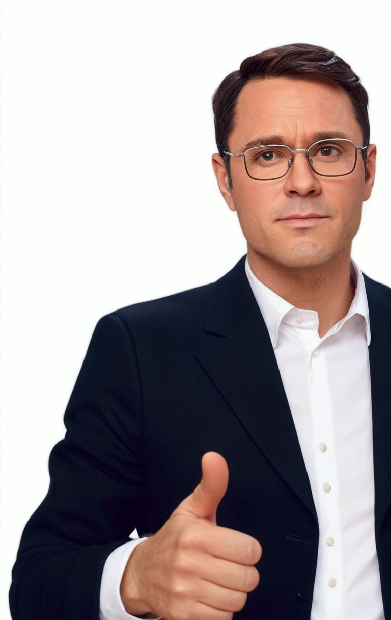 3D Pixar style drawing create scene with 40 year old young man, light colored, short dark brown hair, stylish glasses, with black suit and white shirt underneath.