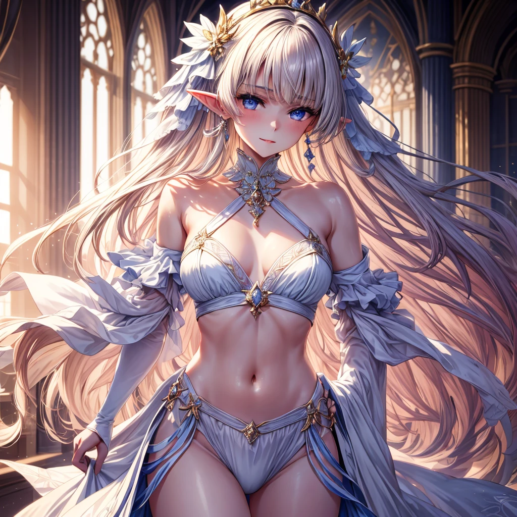 beautiful girl、Angel、White ta Two Piece Smile、cute、beautiful girl、One Girl, a beautiful elf girl, Beige blue long straight hair, Elven pointy ears, Detailed顔, Delicate eyes, Detailed瞳孔, Beautiful and delicate lips, Pale skin, ゴージャスなDetailedドレス, Royalty, celebration, elegant, Noble, Bare shoulders, small crystal earrings, Hand-drawn animation, Detailed, Palace Ballroom, Symmetrical clothing, Highest quality, masterpiece, fair,