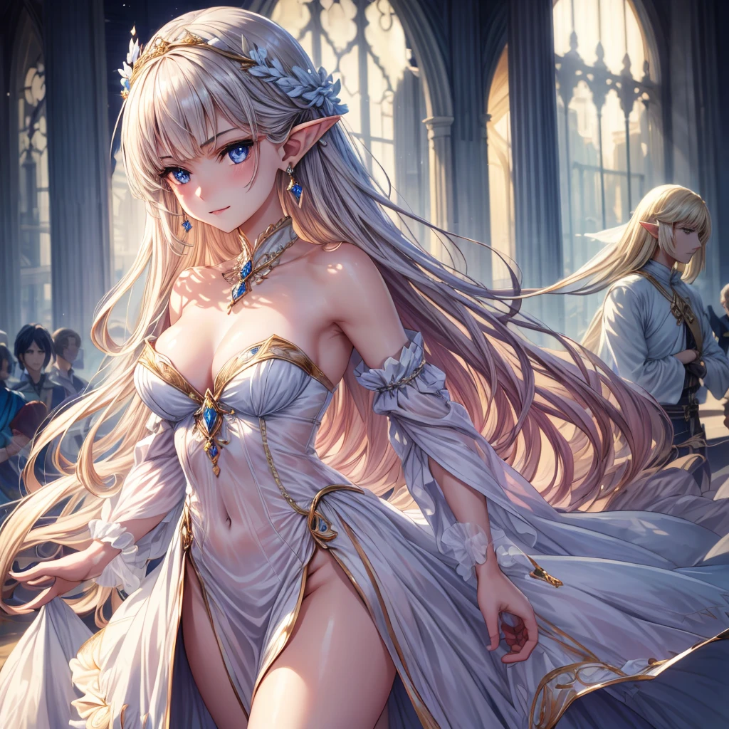 beautiful girl、Angel、White Lolita Two Piece Smile、cute、beautiful girl、One Girl, a beautiful elf girl, Beige blue long straight hair, Elven pointy ears, Detailed顔, Delicate eyes, Detailed瞳孔, Beautiful and delicate lips, Pale skin, ゴージャスなDetailedドレス, Royalty, celebration, elegant, Noble, Bare shoulders, small crystal earrings, Hand-drawn animation, Detailed, Palace Ballroom, Symmetrical clothing, Highest quality, masterpiece, fair,
