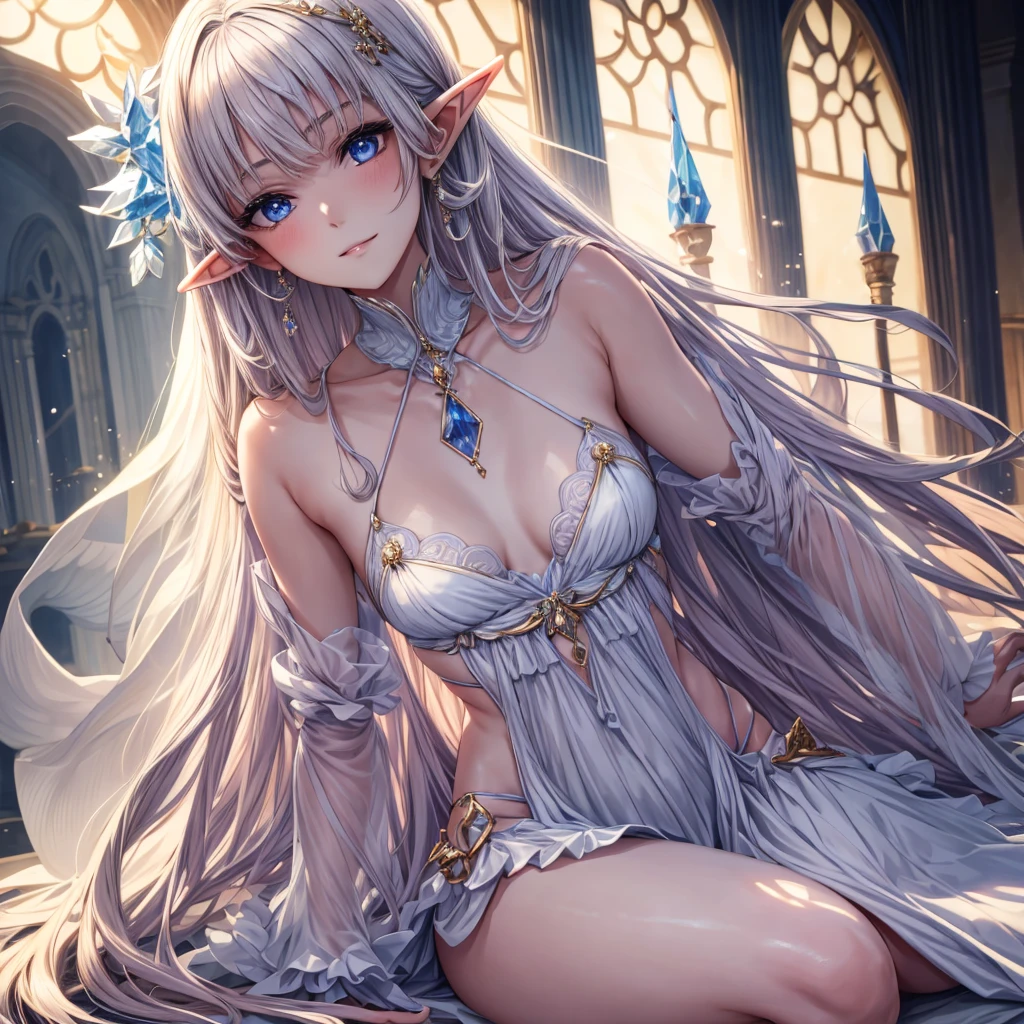 beautiful girl、Angel、White Lolita Two Piece Smile、cute、beautiful girl、One Girl, a beautiful elf girl, Beige blue long straight hair, Elven pointy ears, Detailed顔, Delicate eyes, Detailed瞳孔, Beautiful and delicate lips, Pale skin, ゴージャスなDetailedドレス, Royalty, celebration, elegant, Noble, Bare shoulders, small crystal earrings, Hand-drawn animation, Detailed, Palace Ballroom, Symmetrical clothing, Highest quality, masterpiece, fair,