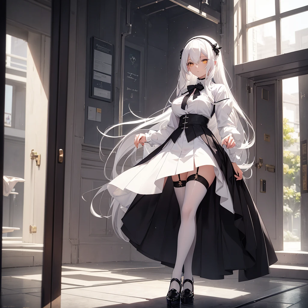 A beautiful anime girl with white hair that is close to transparent in high definition, wearing beautiful white shoes, wearing a short black skirt, and wearing black high stockings with yellow eyes, stands in front of me and lifts her skirt with her hands.  She doesn't wear a shirt. She has great, beautiful appearance and beautiful skin with high definition