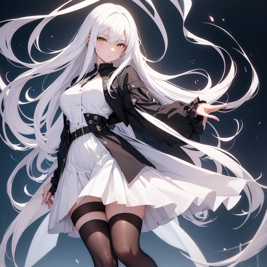 A beautiful anime girl with white hair that is close to transparent in high definition, wearing beautiful white shoes, wearing a short black skirt, and wearing black high stockings with yellow eyes, stands in front of me and lifts her skirt with her hands. She doesn't wear a shirt. She has great, beautiful appearance and beautiful skin with high definition