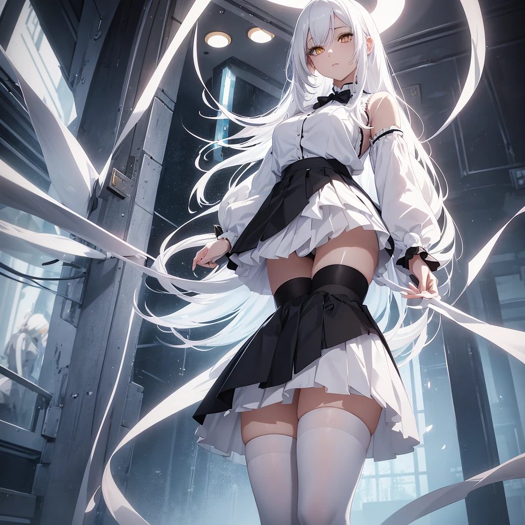 A beautiful anime girl with white hair that is close to transparent in high definition, wearing beautiful white shoes, wearing a short black skirt, and wearing black high stockings with yellow eyes, stands in front of me and lifts her skirt with her hands.  She doesn't wear a shirt. She has great, beautiful appearance and beautiful skin with high definition