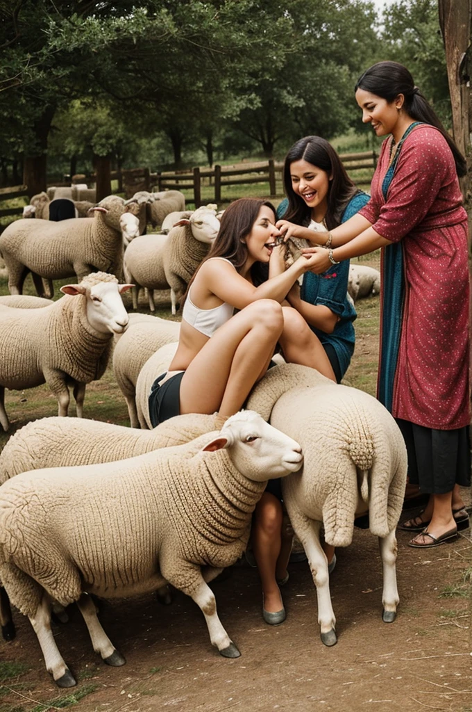 A group of sheep licking the feet of a women who is fond of flattery