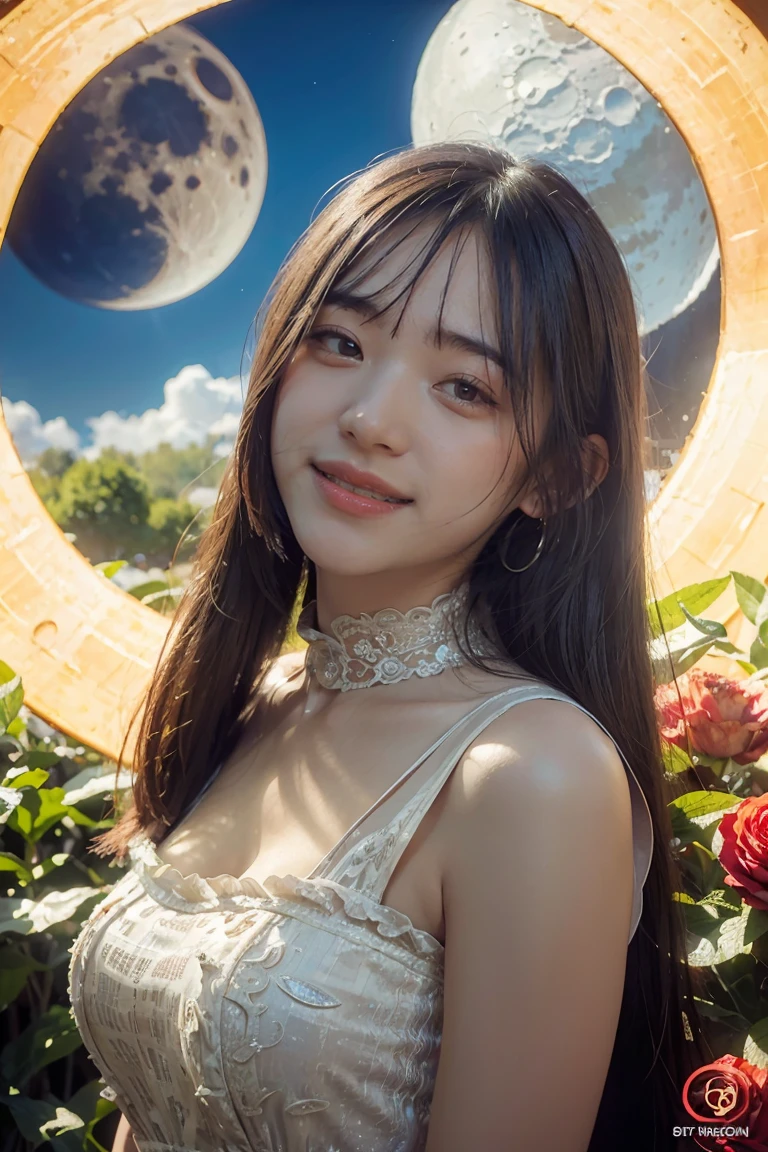 (masterpiece),(best quality), illustration, (fantasy:1.4), brown long hair, long eye lashes, solid circle eyes, light smile, Surrealism, drop shadow, anaglyph, stereogram, atmospheric perspective, 8k, super detail, accurate, best quality, UHD, textured skin, long dress, a moon, flowers , paper_cut