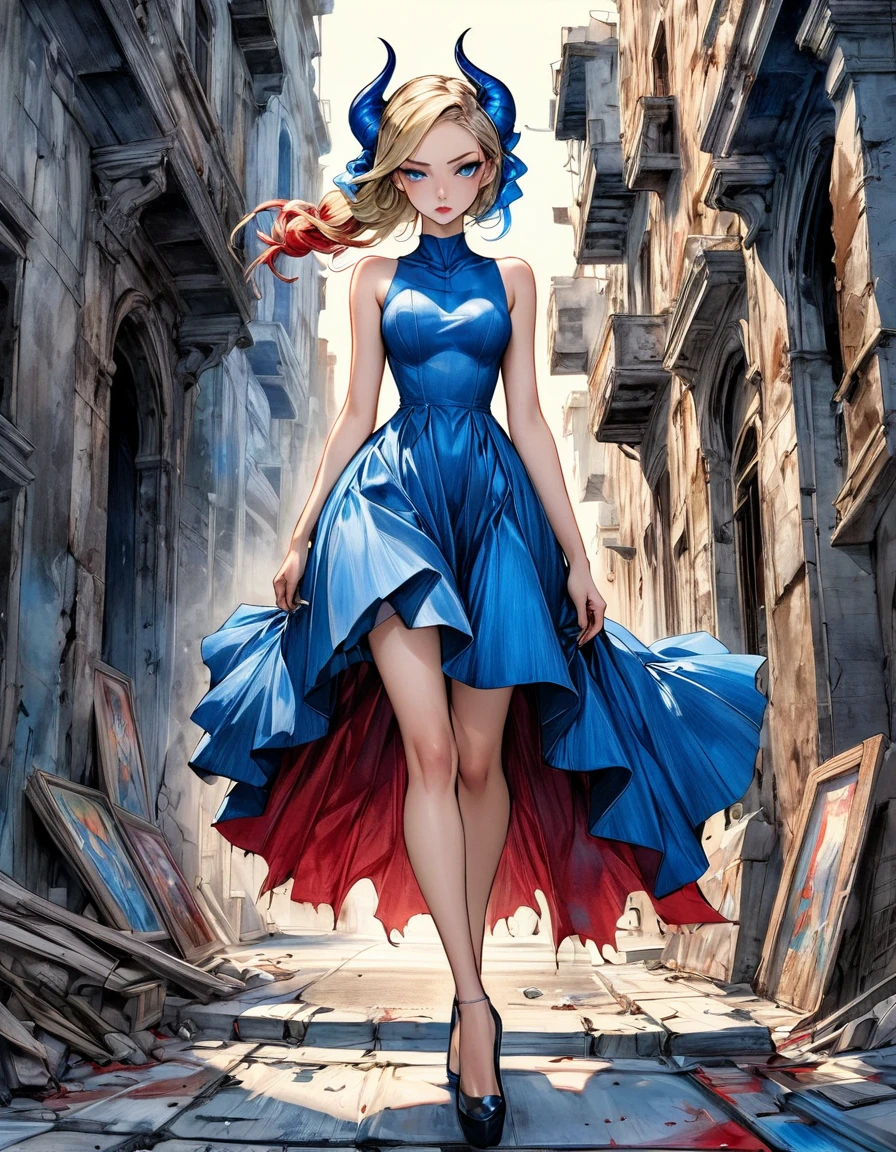 atmosphere terror devil {Amanda Sage Camilla Sanchez Edgar Degas} very fine drawing cartoon sketch art pastels watercolor pencil sketch all blue black red terror evil Venom rich deep color bright palette. perfect full body composition wonderful sexy sad woman luminous face sensual allure walking city ruins masterpiece smooth smart focus