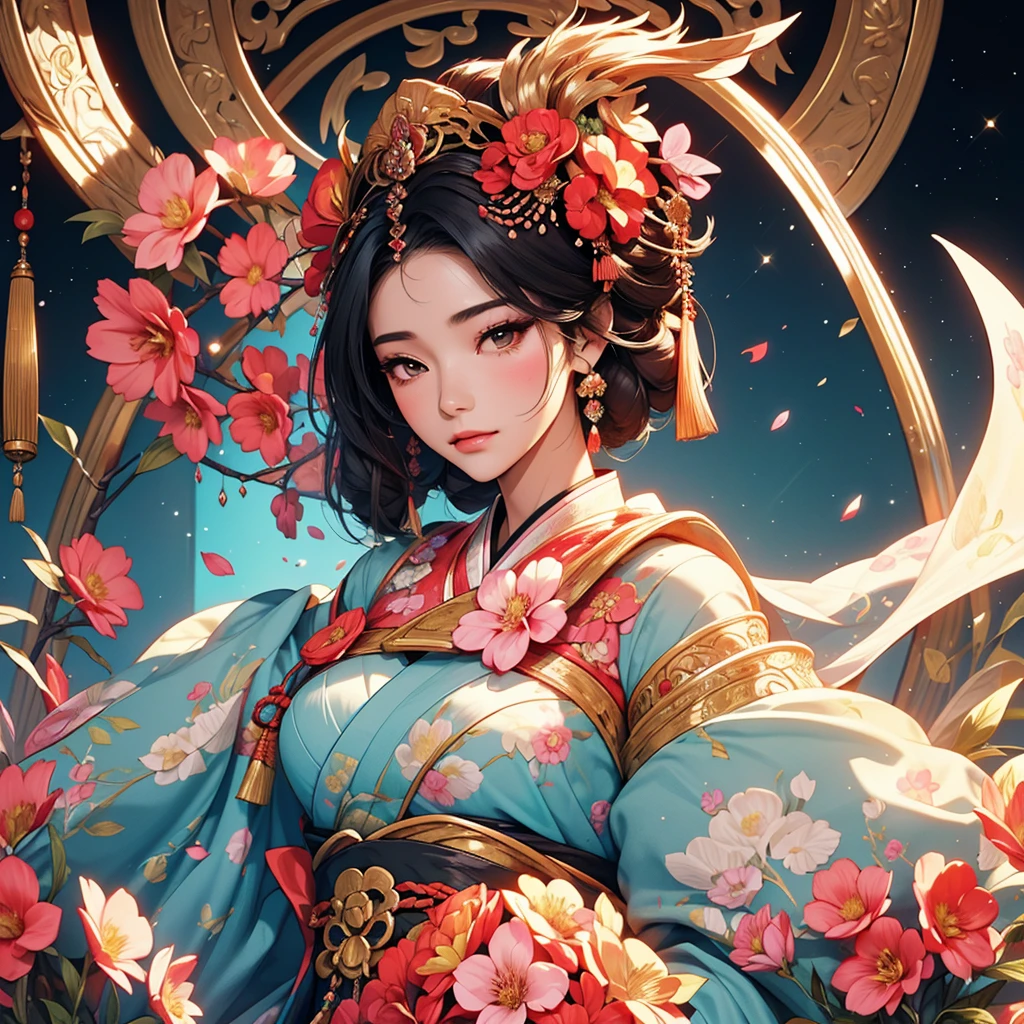 Holding a fan、Arabian woman with flowers in her hair, Exquisite digital illustrations, Beautiful artwork illustration, Amazing digital illustrations, Beautiful digital art, Inspired by Yoon Doo-seo, In the style of digital illustration, Empress of China, Portrait of a Geisha, Beautiful Fantasy Empress, Beautiful digital illustrations, 美しいPortrait of a Geisha, Portrait of a Geisha