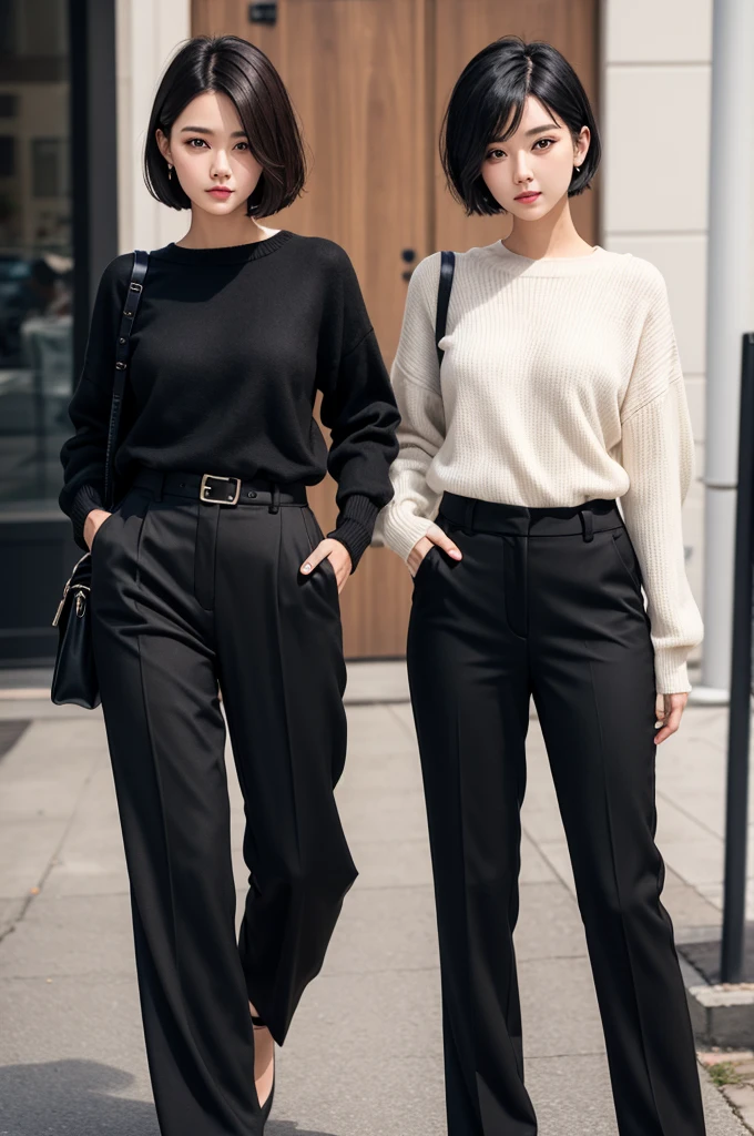 Short black hair brown eyes long black wool pants and women&#39;s slippers 