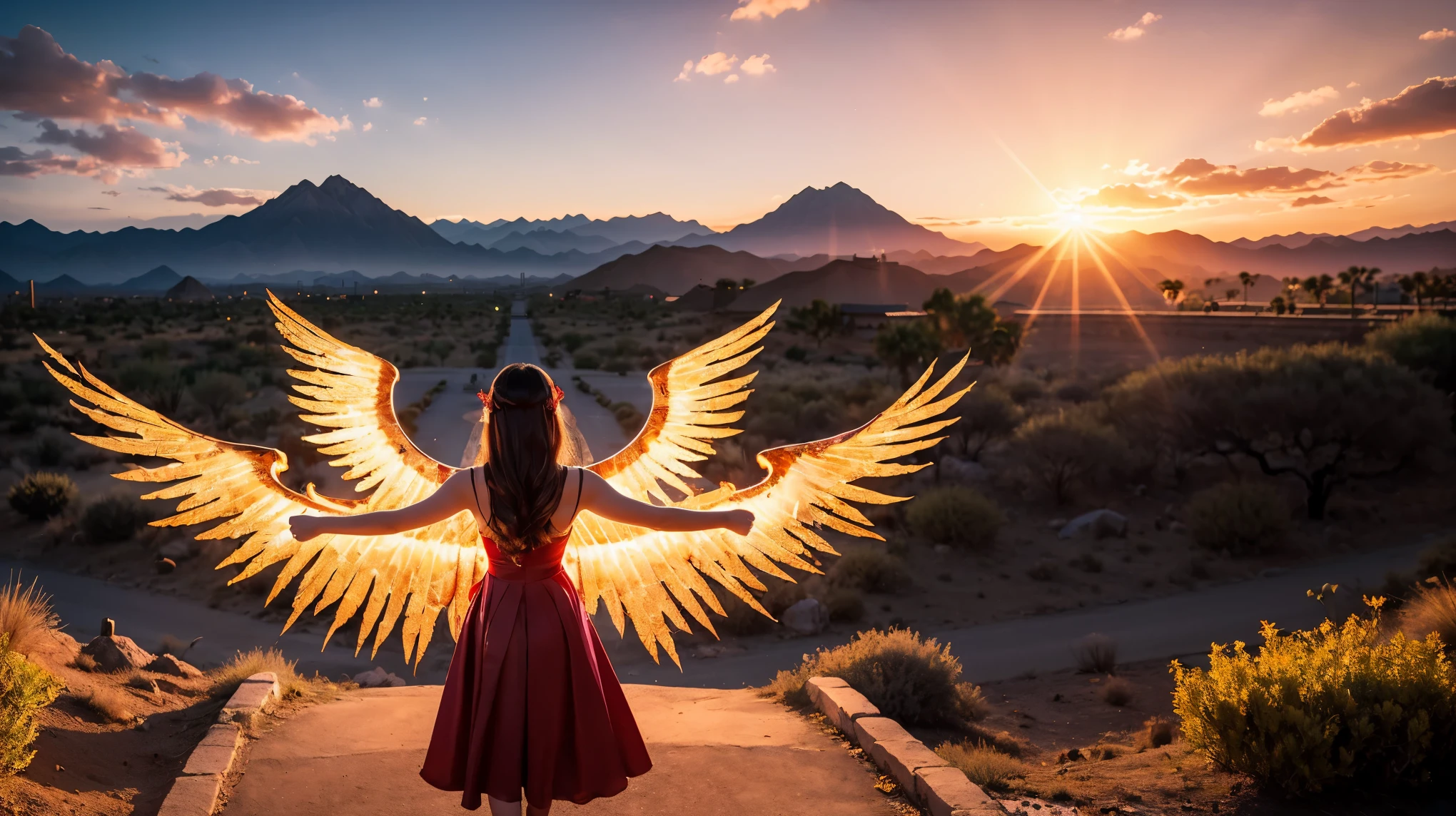 (masterpiece, Highest quality: 1.2), a girl with Phoenix wings standing in a ring of fire, Red eyes glow, Phoenix, Lotus flower, Red Gold Pink, Sunrise with mountains in the background
