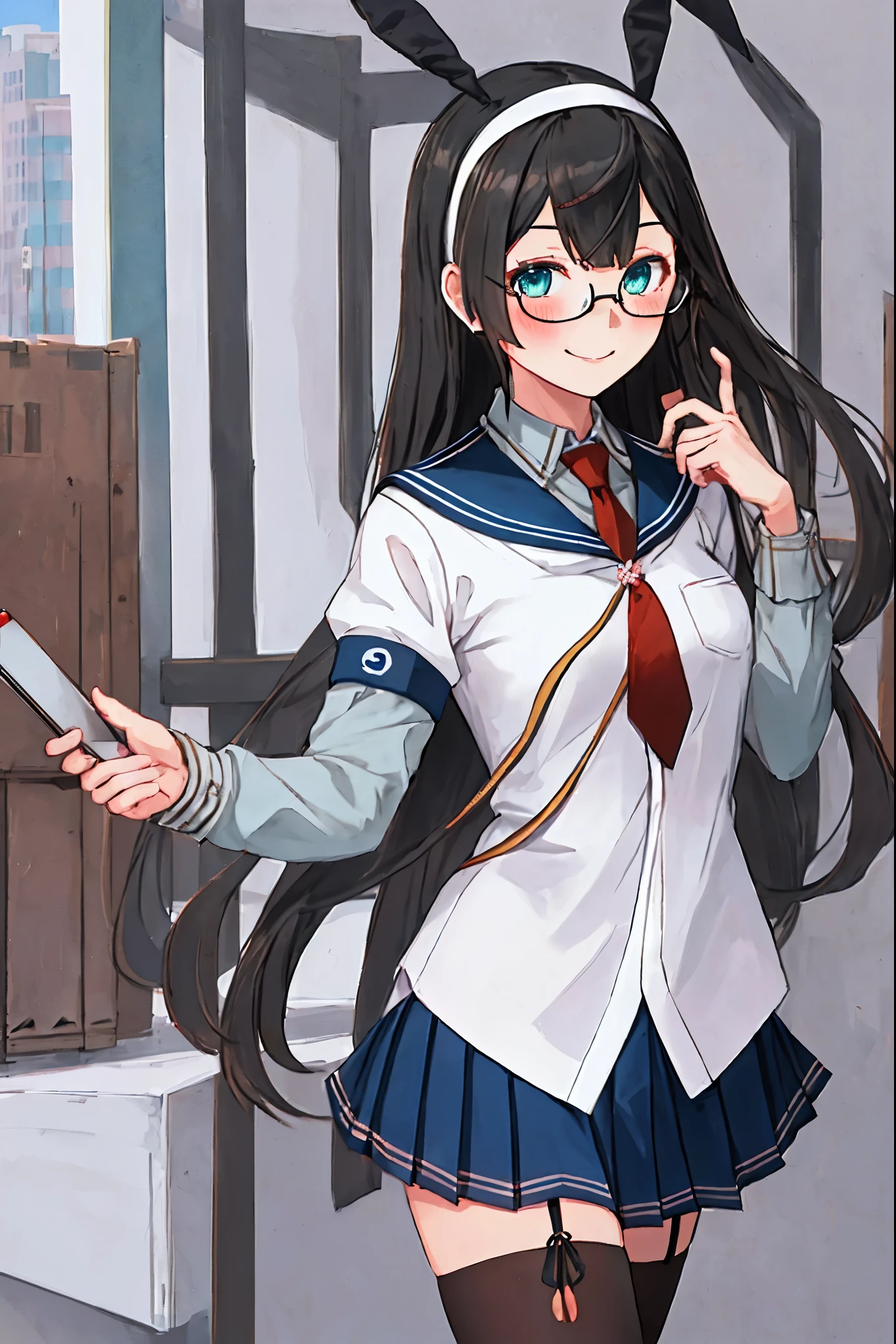 best quality, masterpiece, highres, solo, {ooyodo_kantaicollection:1.15}, black_hair, long_hair, glasses, hairband, semi-rimless_eyewear, under-rim_eyewear, blue_eyes, green_eyes, blush,small_breasts, 1girl, school_uniform, serafuku, pleats_skirt, looking_at_viewer, necktie, harbor_town_background, red_necktie,(angry:0.7),smile,,thigh-highs,,selfie