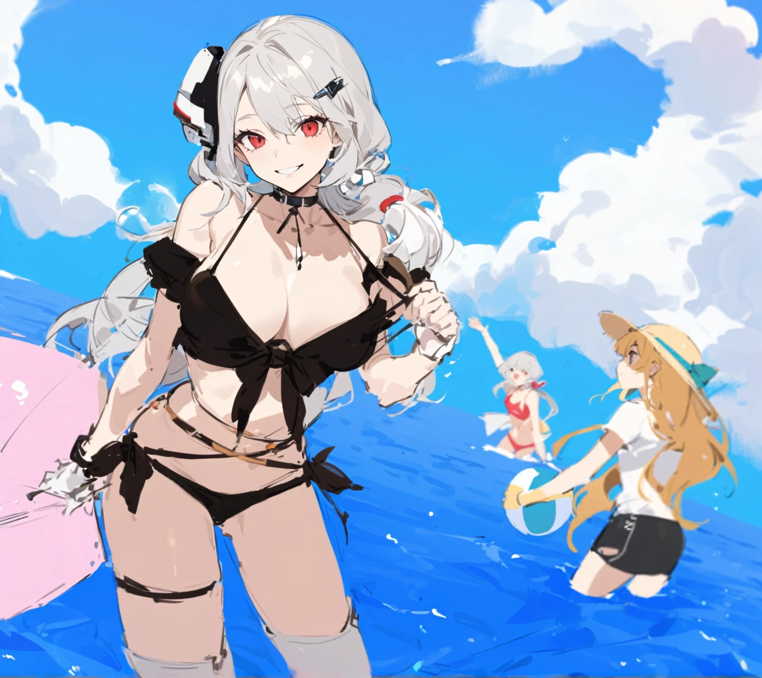 Ocean、Silver-haired, red-eyed girl、Swimwear、Two girls playing beach volleyball in the background、2d, masterpiece, best quality, anime, highly detailed face, highly detailed eyes, highly detailed background, perfect lighting, cowboy shot, 1girl, solo, collared dress, short dress, short sleeves, blue jacket, black thighhighs, detached hair, long hair, low twintails, bob cut, necktie, headgear, white gloves, elbow gloves, wide hips, smile, standing, spacecraft interior 