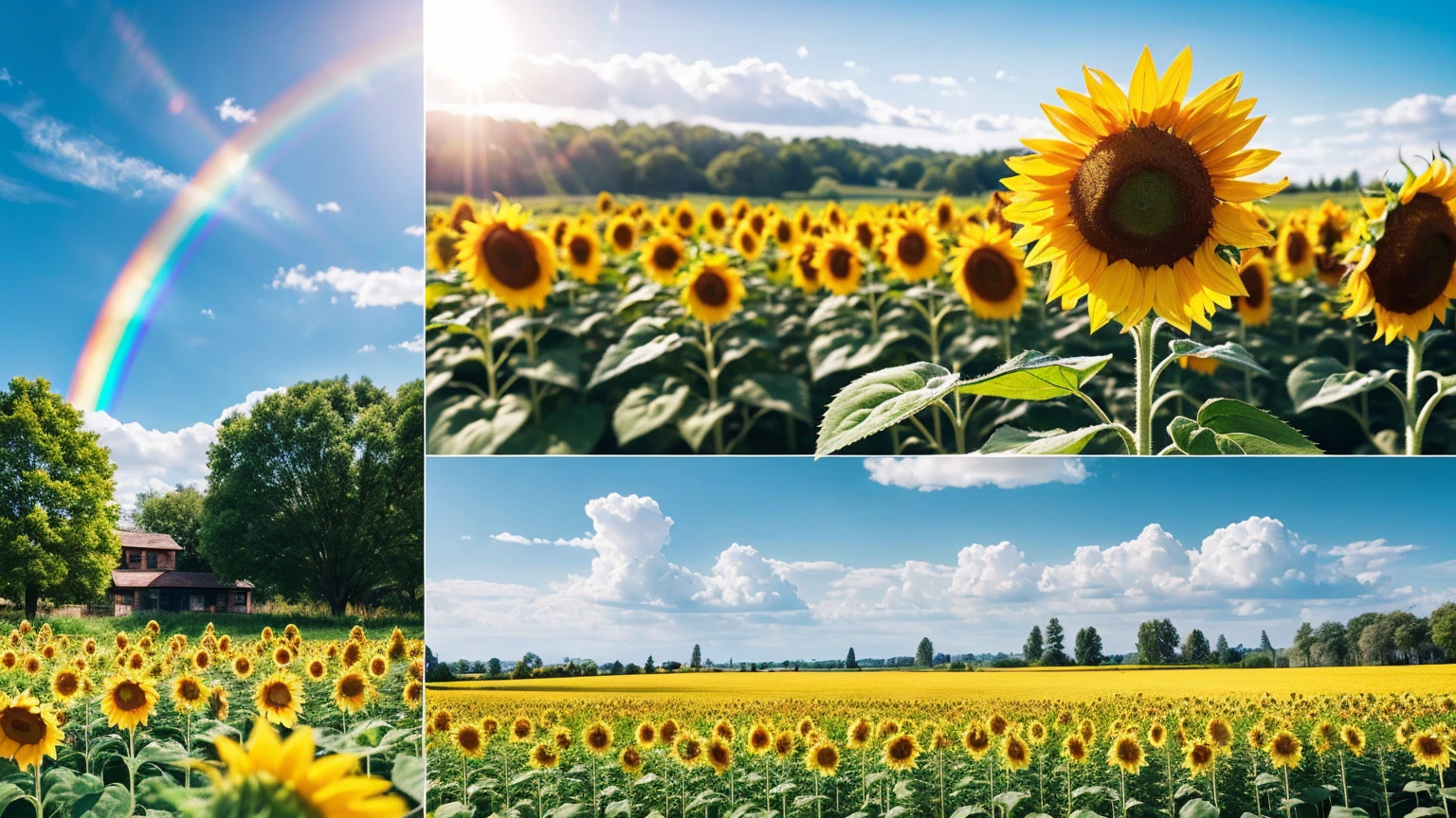 (Highest quality), (8K), (Highest quality), (Actual photo), (Realistic photos), Sunflower Garden, blue sky, Rainbow and sunshine.  