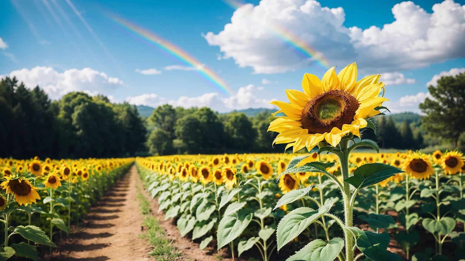 (Highest quality), (8K), (Highest quality), (Actual photo), (Realistic photos), Sunflower Garden, blue sky, Rainbow and sunshine.  
