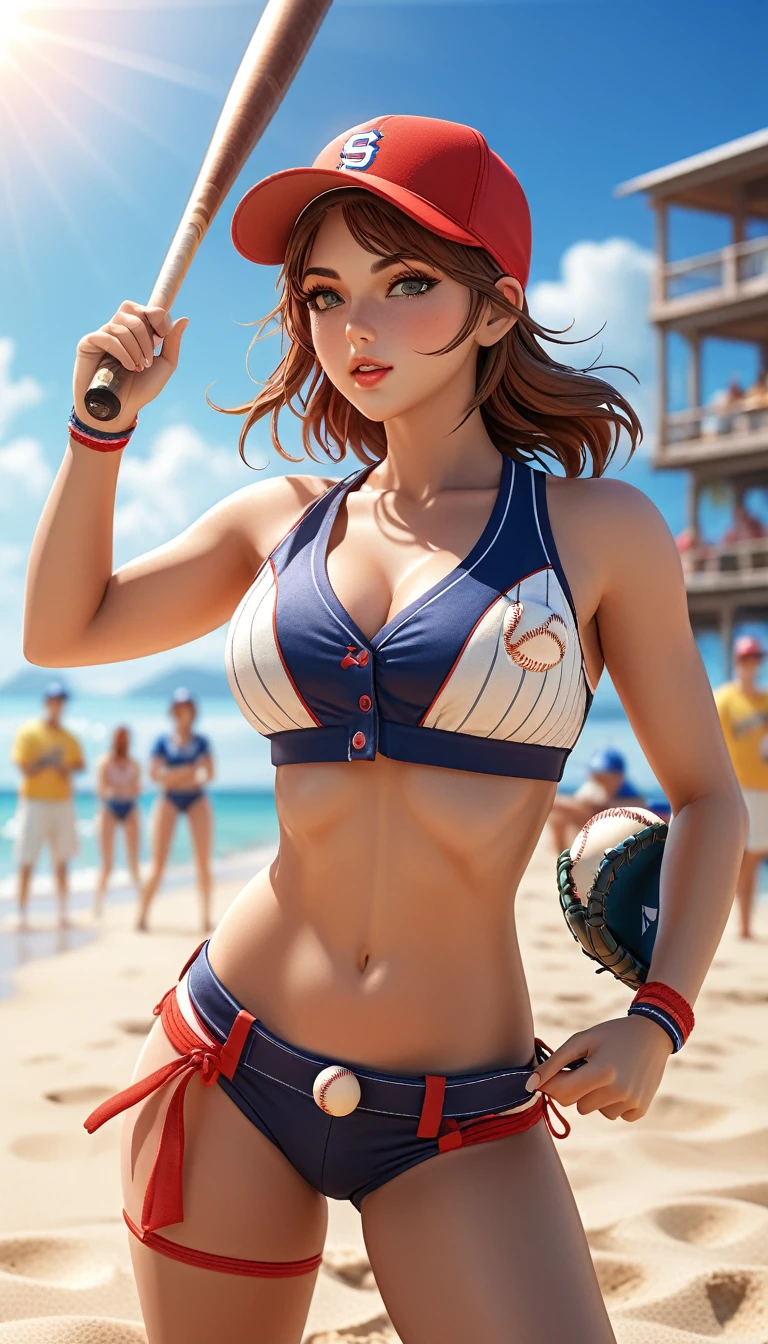 anime, realistic, female baseball player playing baseball on the beach wearing a bikini, sun, fun, beach, dynamic pose, action, summer, dynamic, beautiful detailed eyes, beautiful detailed lips, extremely detailed face and skin, detailed uniform, detailed baseball equipment, photorealistic, 8k, high quality, vibrant colors, natural lighting, cinematic composition