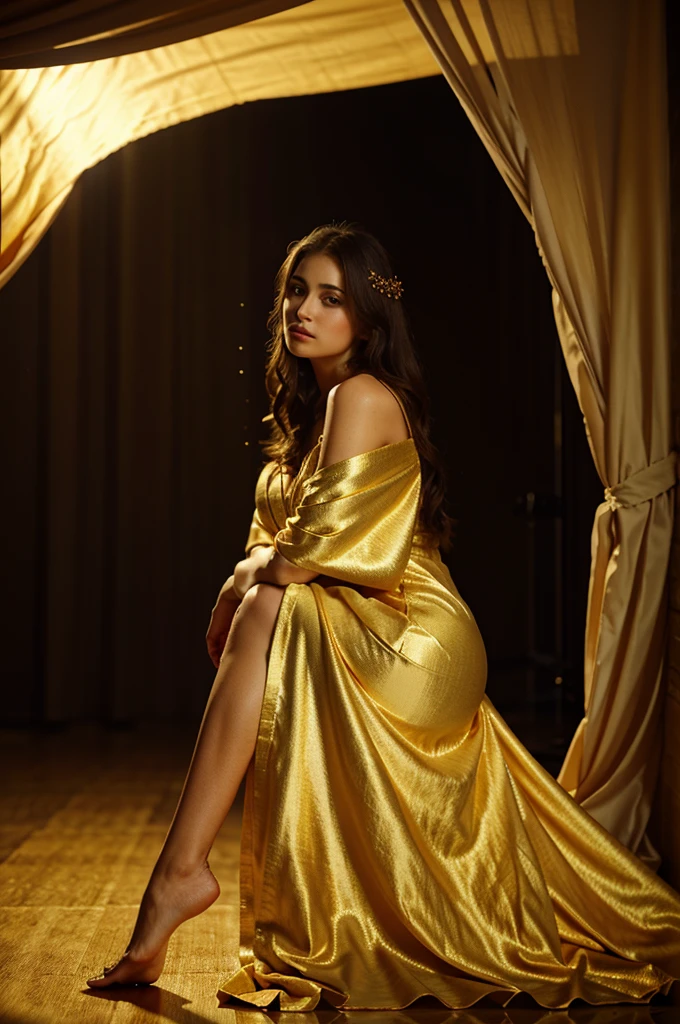 ((sfw)), photo of a girl a woman in a long dress is posing for a picture, draped in silky gold, greek goddess, wearing long gown, wearing a flowing dress, beautiful woman, (masterpiece), beautiful, ((best quality)), Gradient Lighting, bokeh background,