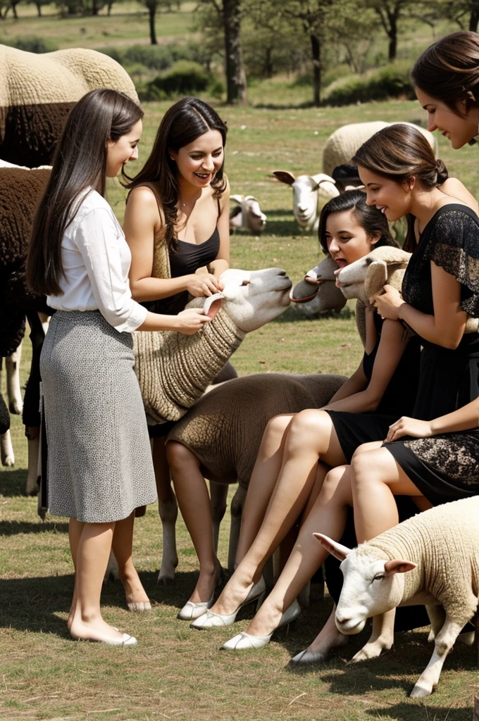 A group of sheep licking the feet of a women who is fond of flattery
