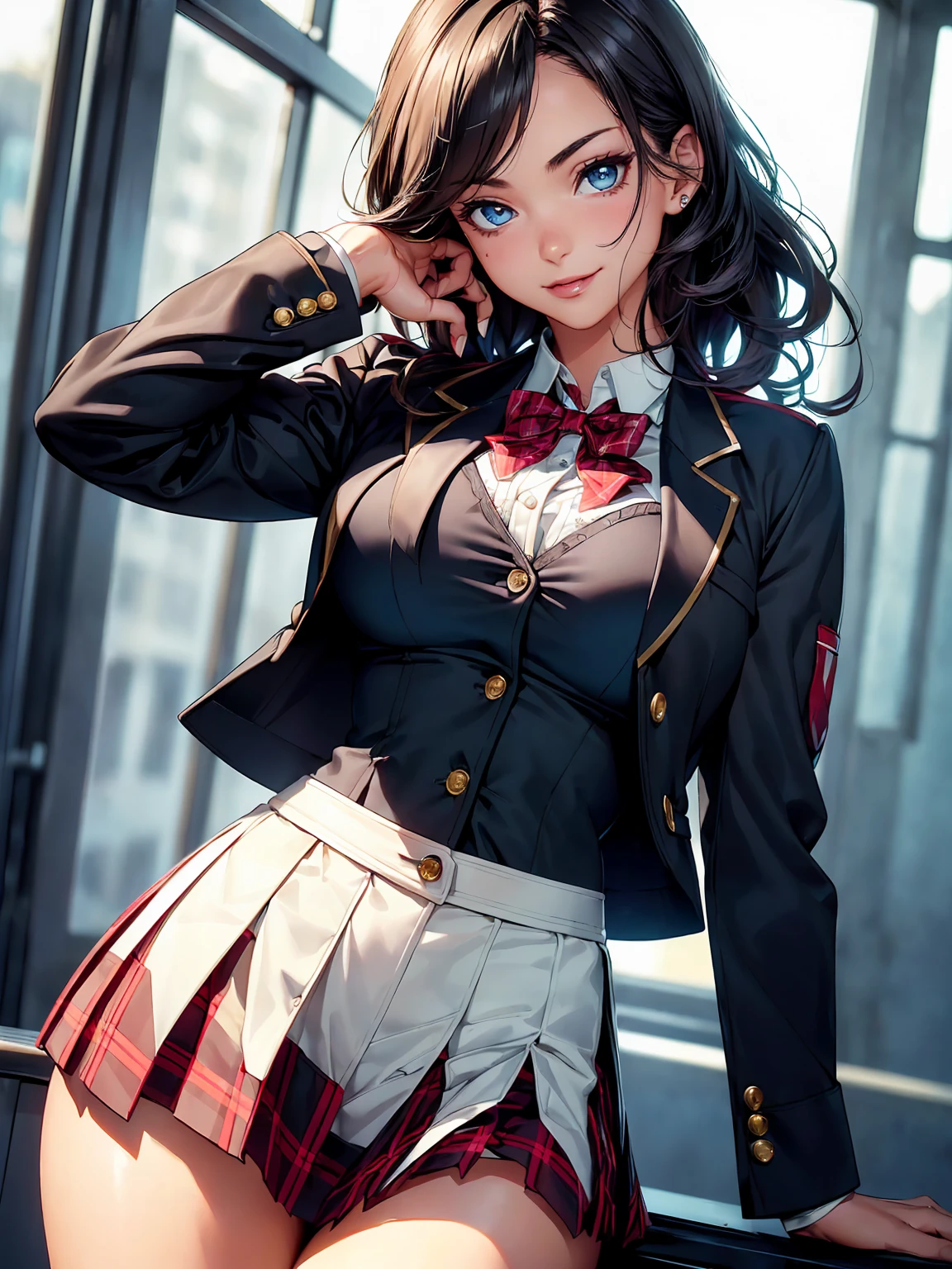 (8K, RAW photo, 最high quality, masterpiece: 1.2), High-definition RAW color photo, Professional photo shoot, cinematic light, alone, (((young woman, gal))), (Sharp features), (small face), (high detail skin: 1.2), clavicle, cute face, beautiful appearance, Clean eyelashes, (rainbow hair, blue eyes), (beautiful breasts:1.5), (slim body shape:1.4), Very detailed face and skin texture, detailed eyes, look sideways, ((wavy hair)), thin body, ((open your mouth and smile:1.2, upward glance)), big breasts, normal hip joint, cowboy shot, dynamic angle, (((red bow tie, high school uniform:1.2, black jacket, open jacket, buttons on jacket cuffs, white shirt, Plaid skirt, seductive thighs))), at school, smooth texture, staring eyes, beautiful skin, shiny skin, perfect fingers, five fingers, anatomically correct, background bokeh, high quality, surreal, bright colors, ((very detailed, photo shoot)),