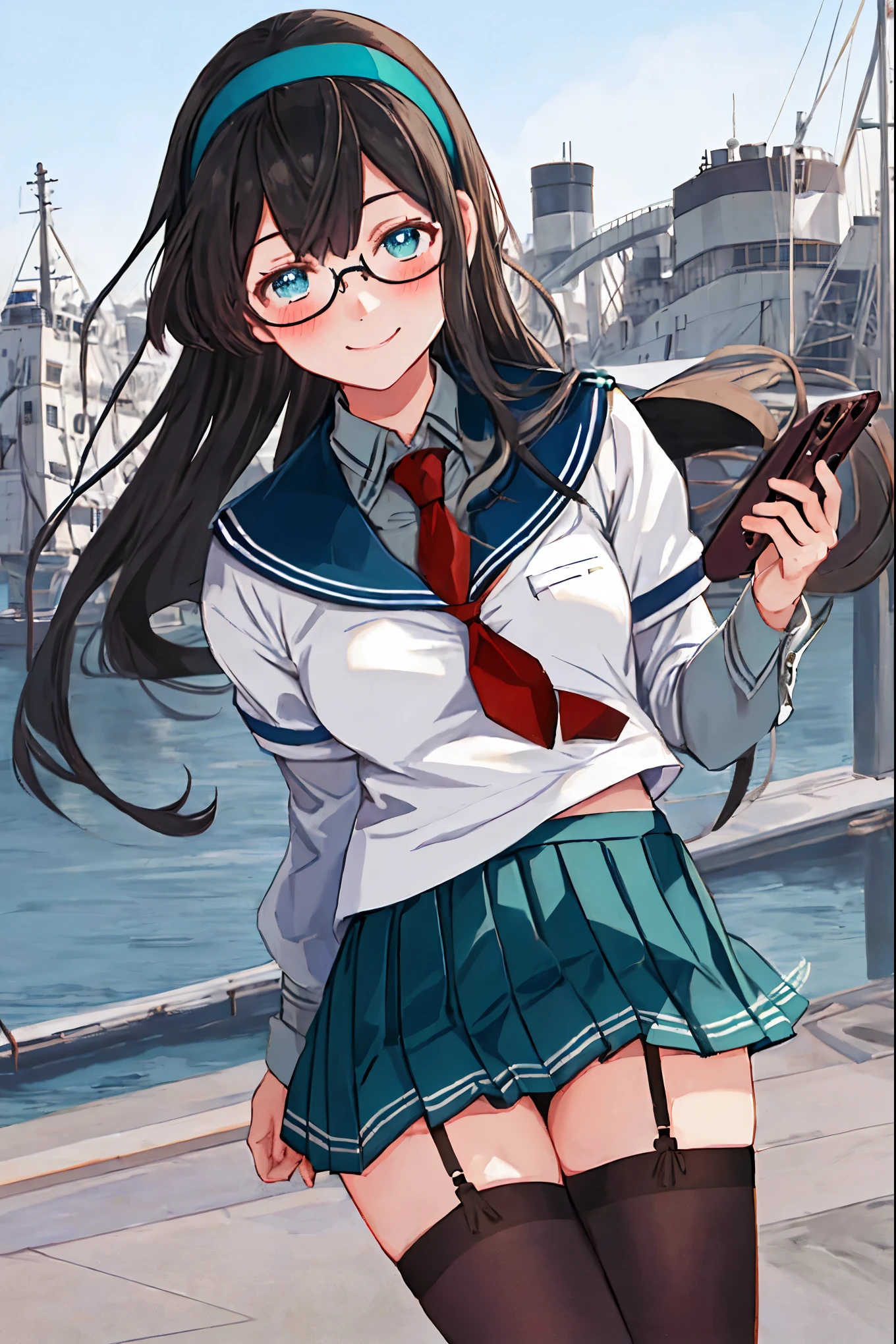 best quality, masterpiece, highres, solo, {ooyodo_kantaicollection:1.15}, black_hair, long_hair, glasses, hairband, semi-rimless_eyewear, under-rim_eyewear, blue_eyes, green_eyes, blush,small_breasts, 1girl, school_uniform, serafuku, pleats_skirt, looking_at_viewer, necktie, harbor_town_background, red_necktie,(angry:0.7),smile,,thigh-highs,,selfie