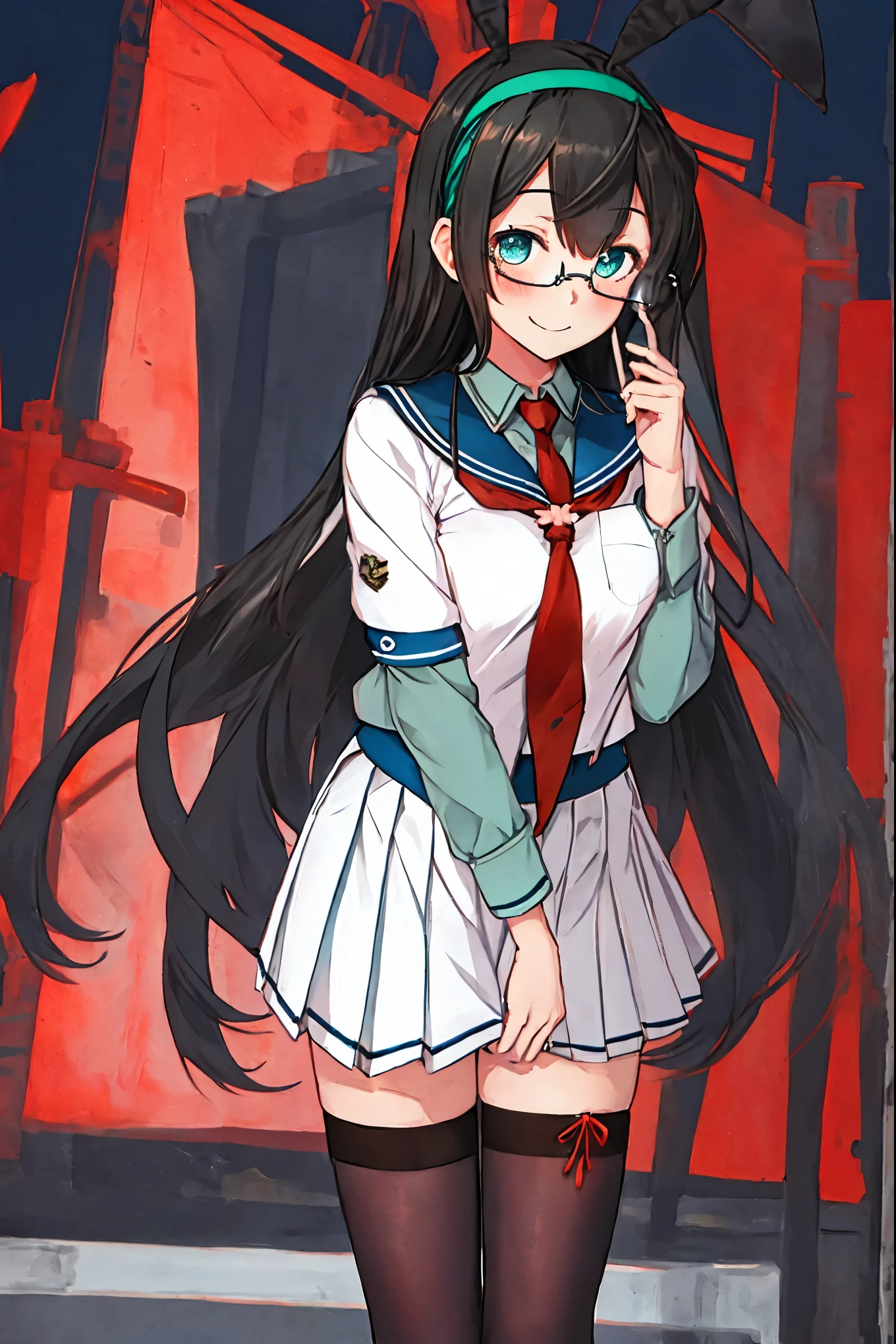 best quality, masterpiece, highres, solo, {ooyodo_kantaicollection:1.15}, black_hair, long_hair, glasses, hairband, semi-rimless_eyewear, under-rim_eyewear, blue_eyes, green_eyes, blush,small_breasts, 1girl, school_uniform, serafuku, pleats_skirt, looking_at_viewer, necktie, harbor_town_background, red_necktie,(angry:0.7),smile,,thigh-highs,,selfie