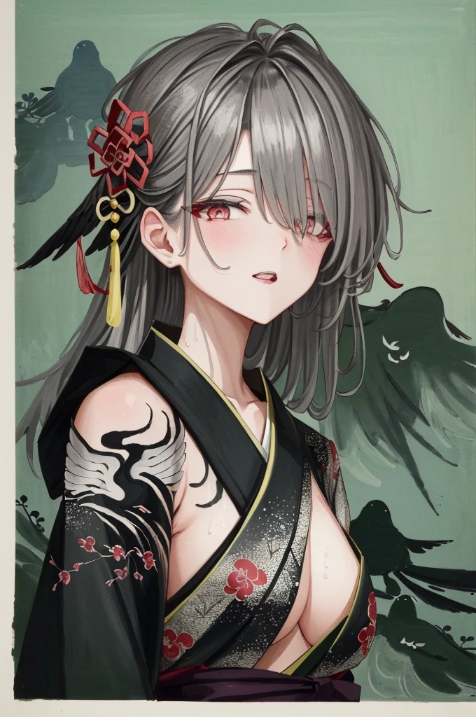 (masterpiece), (Highest quality),(figure), View your viewers,colorful,From the side,((chinese colorful ink)),Flat Color,(Phoenix:1.5,bird:1.3),sunset, stand on top of the building,
(One girl:1.2),detailed long Gray Hair + Red eyes,Detailed face,whole body, (Gray Hair:1.4), (Mole under the eye:0.9), Squint your eyes,eye shadow, hair ornaments, Small breasts,((kimono)), Cold Face,Long, hanging hair,,Hair on one eye\\,
(Portraiture),((splashing ink)),((chinese colorful ink)), ((Chinese color ink painting style))
Upper Body,(Gray Hair +Red eyes),(Cute face:0.95),(Beautiful face in every detail:0.95),colorful painting,
(floating),(wonderful),(Absurd),((Sharp focus)), ((Very detailed)), ((High saturation)),((Surrounded by colorful ink splashes)),((Very detailed body)),((colorful))