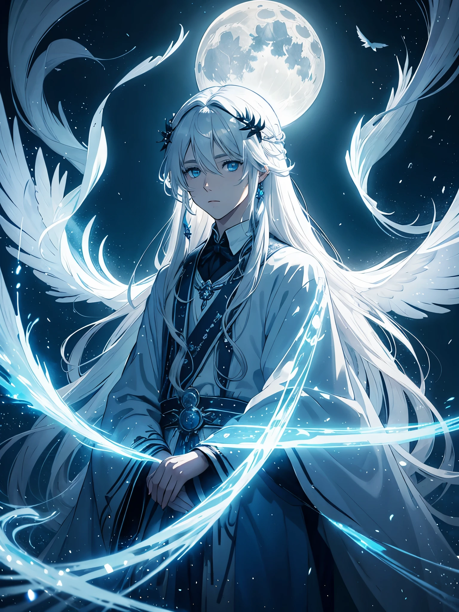 Mehr anime. White crows. Ghosts. lights. magical. Power animals. Spirit. King of the moon. Long hair. long white hair. aquatic, boy,  silver hair accessories, White hair, blue flowers. Blue lights.