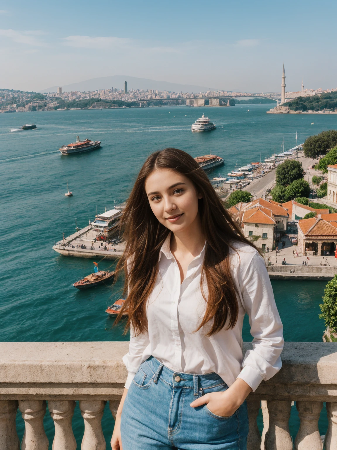 her name is Annie, high quality, 1girl, ((20-year-old fit Caucasian woman)), ((20 years old)), ((fit))  auburn long hair, pose: standing, wearing colored unique g gen Z modern wear, BACKGROUND: Lived between Europe and Asia in Istanbul, with its ancient mosques, bustling bazaars, and breathtaking views of the Bosphorus.