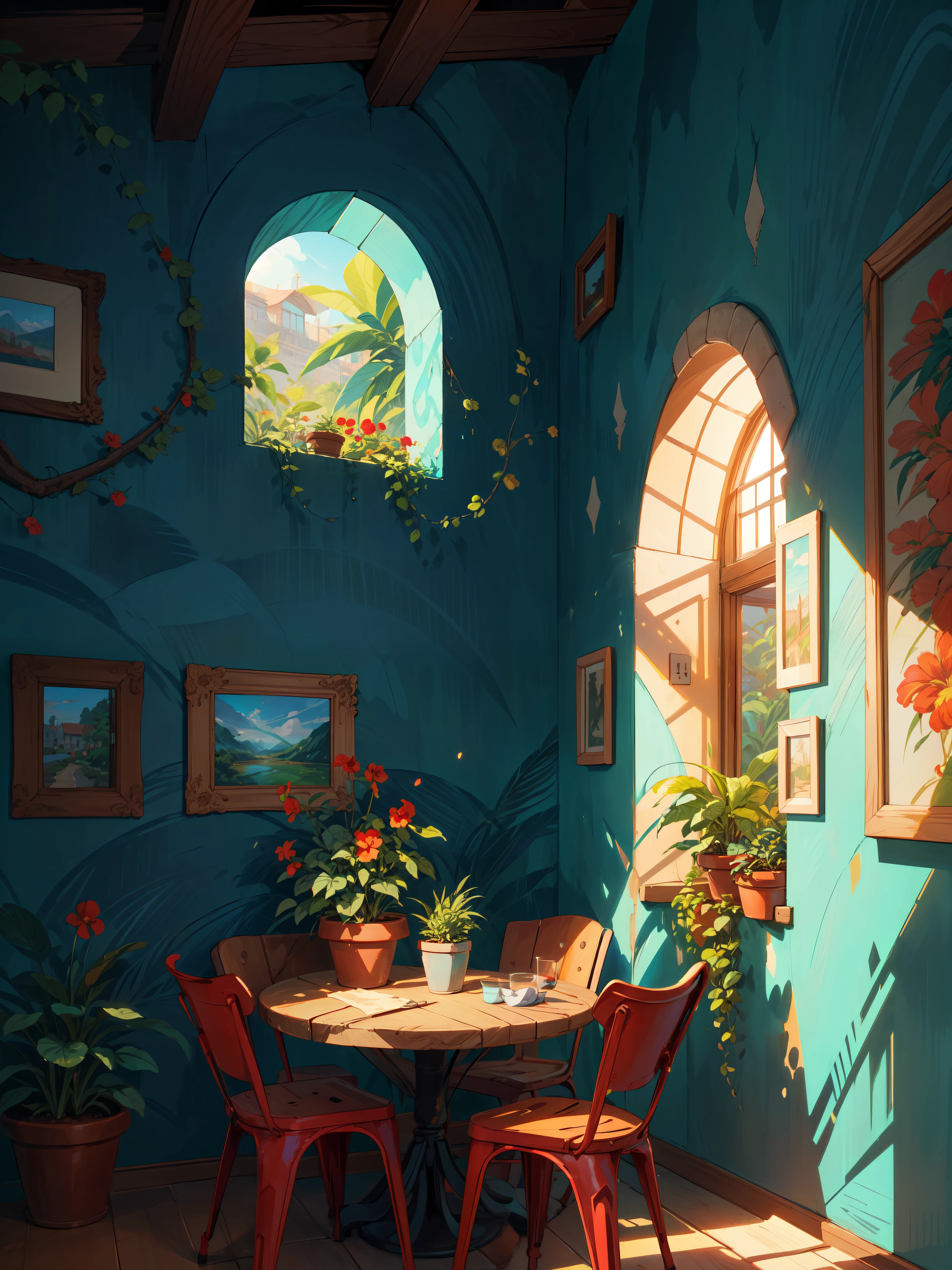wide view, a worn off turquoise big wall, dining setup in front, red chair, indoors, sunlight falling through window, shade, red flowers pot on table, plant pot with big tropical plan, frames on the wall, scribbing on the wall, vibrant color tones, ghibli style, no humans, scenery, masterpiece, high resolution