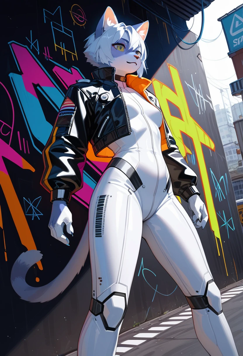 animation, Highest quality, Highest quality, High quality illustrations, masterpiece, Ultra-high resolution, Detailed Background, Futuristic Bar, Graffiti art on the wall, Absurd, Perfect ???????, performance, Good lighting, Shadows in the movies(kemono, Furry PersonifiCation), Cat, Blueskin, White Rubber Suit, latex, neon, neonライト, neonカラー, Bodysuits, Cyber Suit, Leather Half Jacket, cyber punk, Dynamic Angle