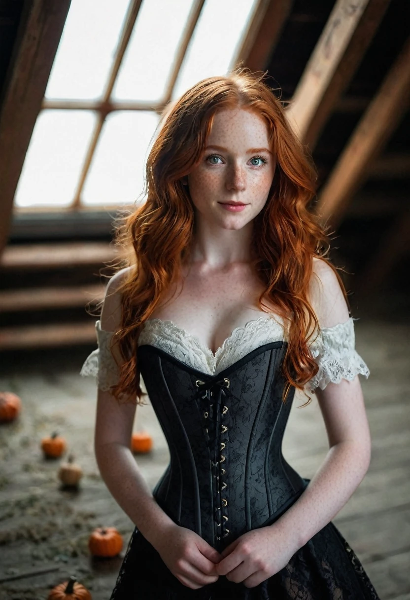 1girl in, 19, alone, Aesthetic work of art, Irish redhead, wavy red hair, schulterlanges rotes Haar, gray eyes, light grey eyes, a few small freckles, pale skin, A cup, small breasts, Runner Body, (textured skin, Hautporen:1.1), (moles:0.8), impure skin, Goose flesh, standing in a dark attic, Pumpkin lantern behind, (extremely detailed 8K wallpaper), Contre-Jour, Fülllicht, good quality, film grain, Fujifilm XT3 keen focus, f 5.6, 50mm, high detailed, keen focus,(Boudoir light), in a floor-length corset with black lace, Wear a witch&#39;s hat, wears a long skirt, crazy details, complex details, Hyperdetailed