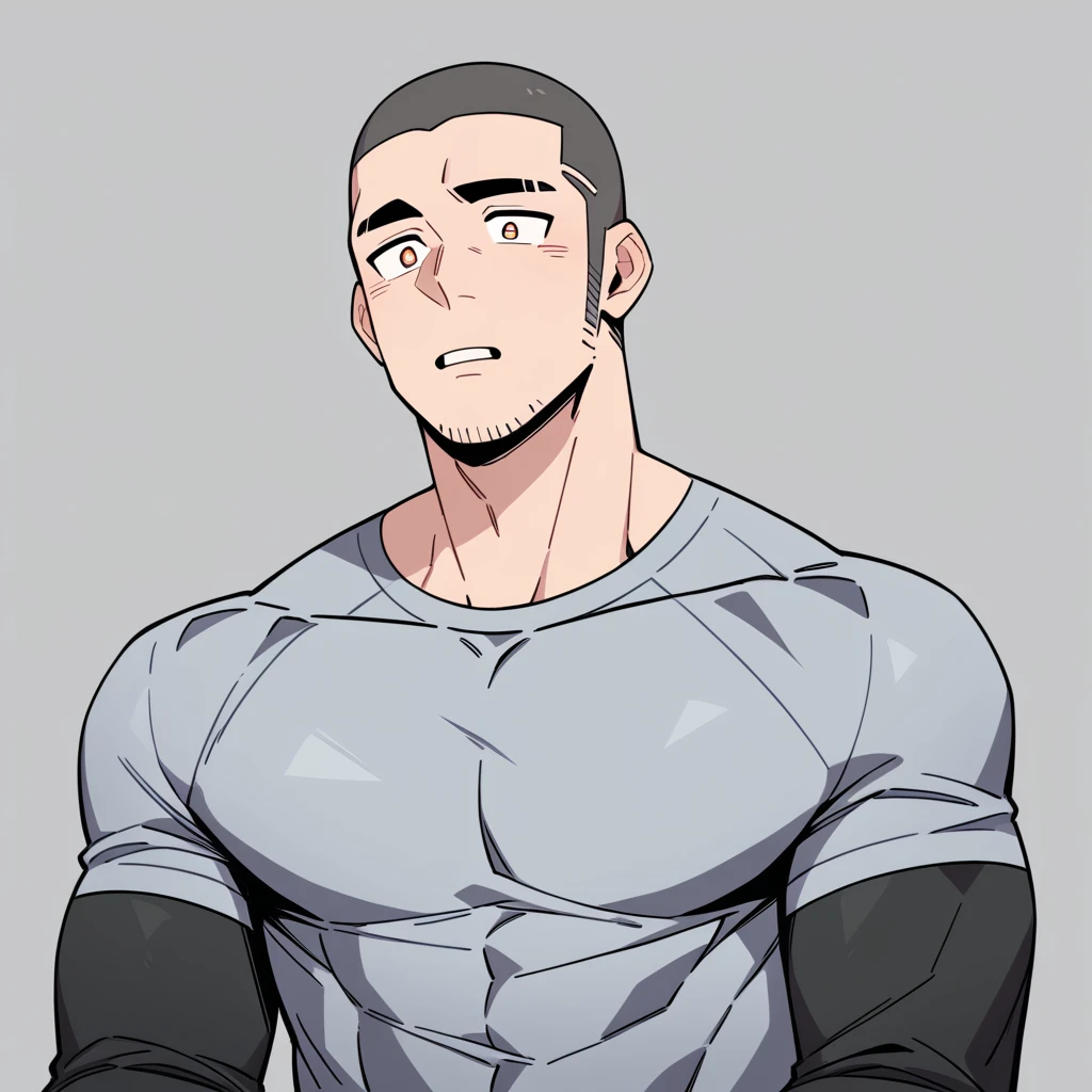 anime characters：Priapus, Muscle Sports Student, Buzz Cut, Manliness, male focus, Light Grey high collar long sleeve tight T-shirt, Very tight, full and perky chest muscles, muscular male, muscular, only, Upper body, alone, Black short hair, Thick eyebrows, stubble, Brown-red pupils, White background, simple background, amazing quality, best aesthetics, Ridiculous, crew cut, parted lips, flustered, endured face, negative space, best quality