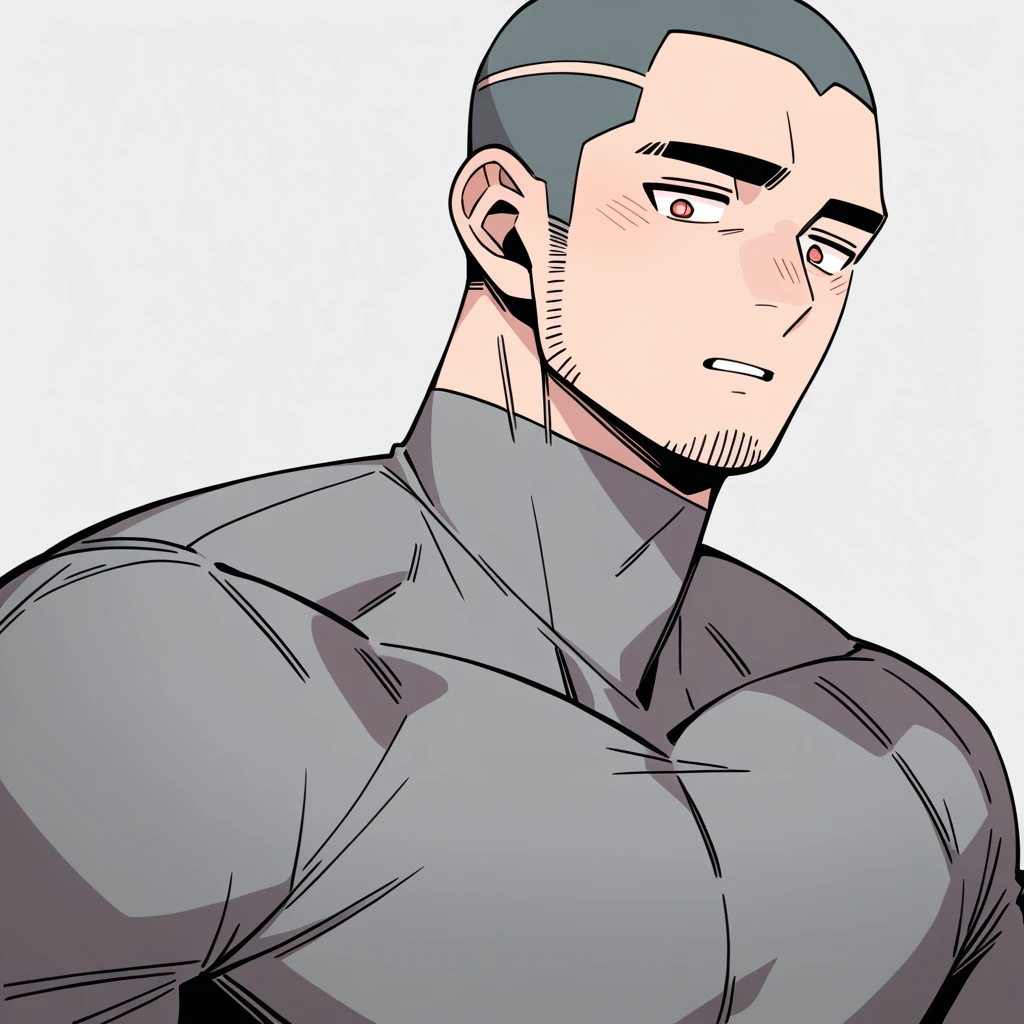 anime characters：Priapus, Muscle Sports Student, Buzz Cut, Manliness, male focus, Light Grey high collar long sleeve tight T-shirt, Very tight, full and perky chest muscles, muscular male, muscular, only, Upper body, alone, Black short hair, Thick eyebrows, stubble, Brown-red pupils, White background, simple background, amazing quality, best aesthetics, Ridiculous, crew cut, parted lips, flustered, endured face, negative space, best quality