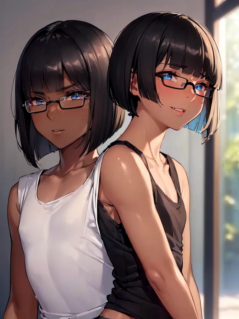 (1 femboy:1.5),(dark skin:1.5),(masterpiece:1.2), highest quality, High resolution, unity 8k wallpaper, (fine and beautiful eyes:1.6), highly detailed face, perfect lighting, Detailed CG, (perfect hands, perfect anatomy),20 years old, (black hair:1.3), detailed eyes, best quality, extremely detailed, very precise detailed, (glasses:1.4), , (straight hair:1.5), (evil smile:1.3) , (blush:1.3),(very short pixie cut:1.4),(blunt bangs:1.4), (greaming skin:1.3),(flat chest),(tank top:1.5),(open mouth),(bike shorts),(leaning_forward),(from side)