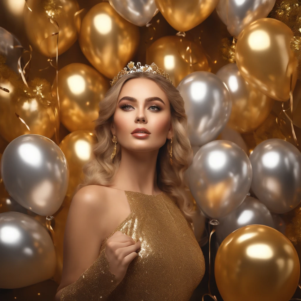 a birthday party scene, full of golden and silver balloons, filled with floral decorations, beautiful detailed eyes, beautiful detailed lips, extremely detailed eyes and face, long eyelashes, intricate party decorations, warm lighting, elegant color palette, (best quality,4k,8k,highres,masterpiece:1.2),ultra-detailed,(realistic,photorealistic,photo-realistic:1.37),studio lighting,ultra-fine painting,sharp focus,physically-based rendering,extreme detail description,professional,vivid colors,bokeh,interior,party