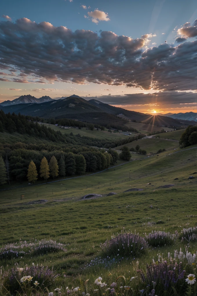 Twilight sky in mountain meadow 