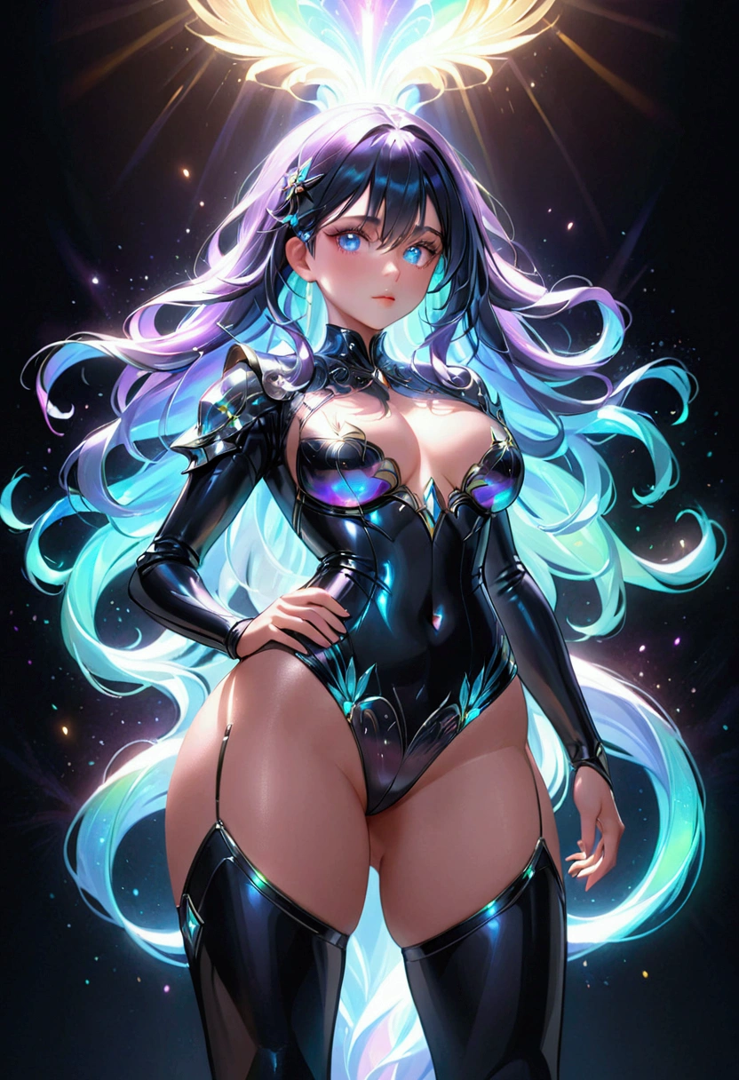 Girl with large thighs small waist and , detailed long black iridescent hair, detailed iridescent eyes, 8k, modern wear