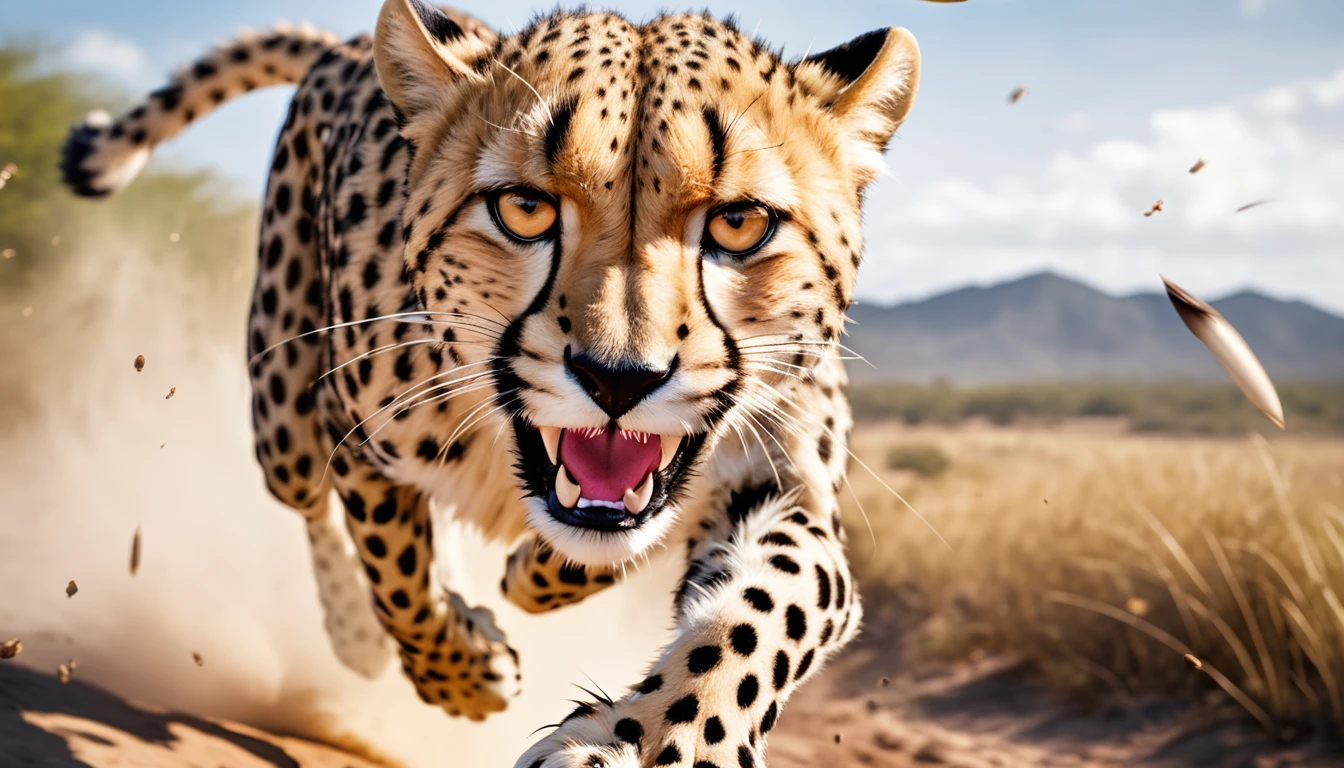 Realistic photos, RAW Photos, Cheetah attacks viewer, Powerful movements, jump on prey, ((Dynamic jump)), Sharp Claws, ハイエナ approaching from above, sudden approach, Bad-tempered, dynamic Shot from grand
