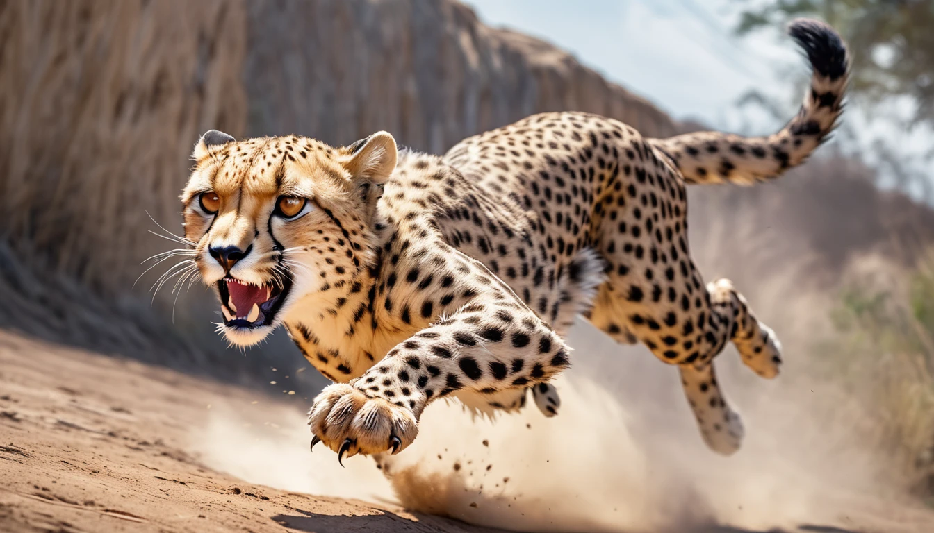 Realistic photos, RAW Photos, Cheetah attacks viewer, Powerful movements, jump on prey, ((Dynamic jump)), Sharp Claws, ハイエナ approaching from above, sudden approach, Bad-tempered, dynamic Shot from grand