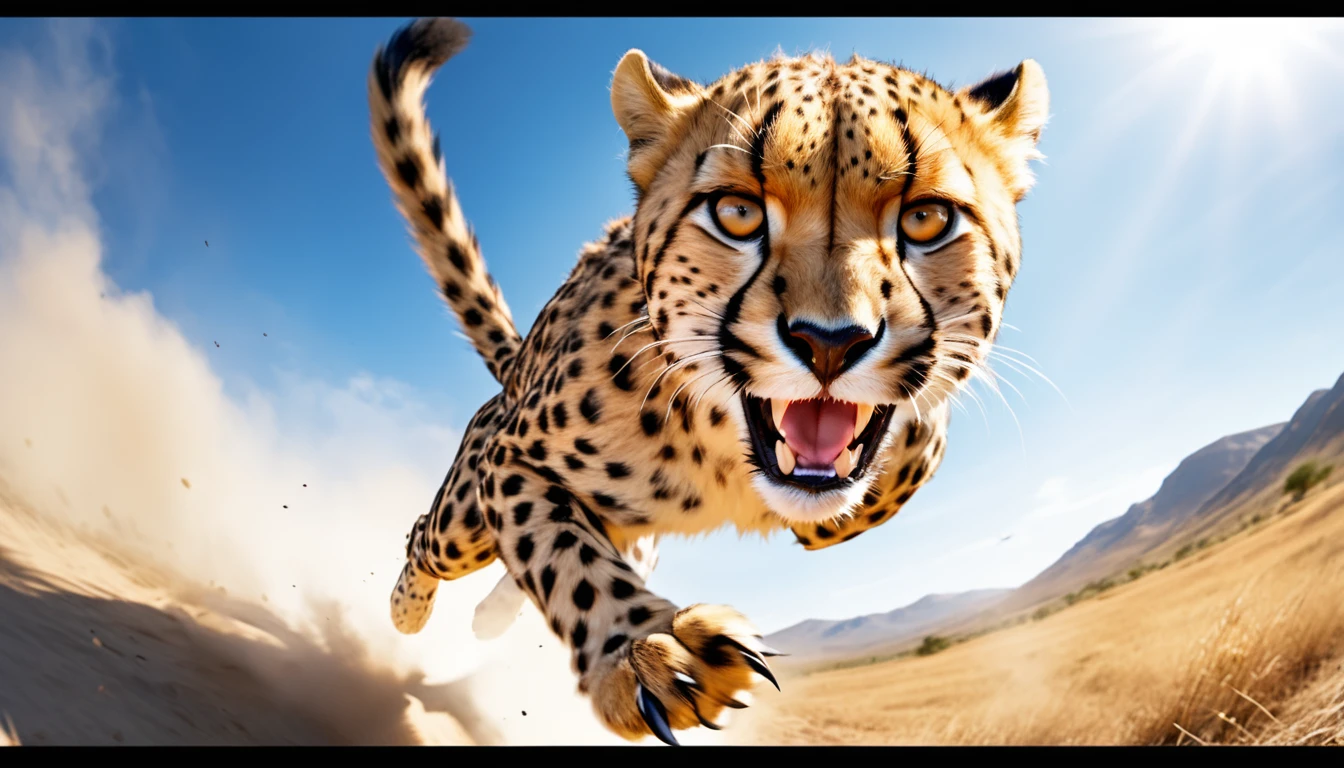 Realistic photos, RAW Photos, Cheetah attacks viewer, Powerful movements, jump on prey, ((Dynamic jump)), Sharp Claws, ハイエナ approaching from above, sudden approach, Bad-tempered, dynamic Shot from grand
