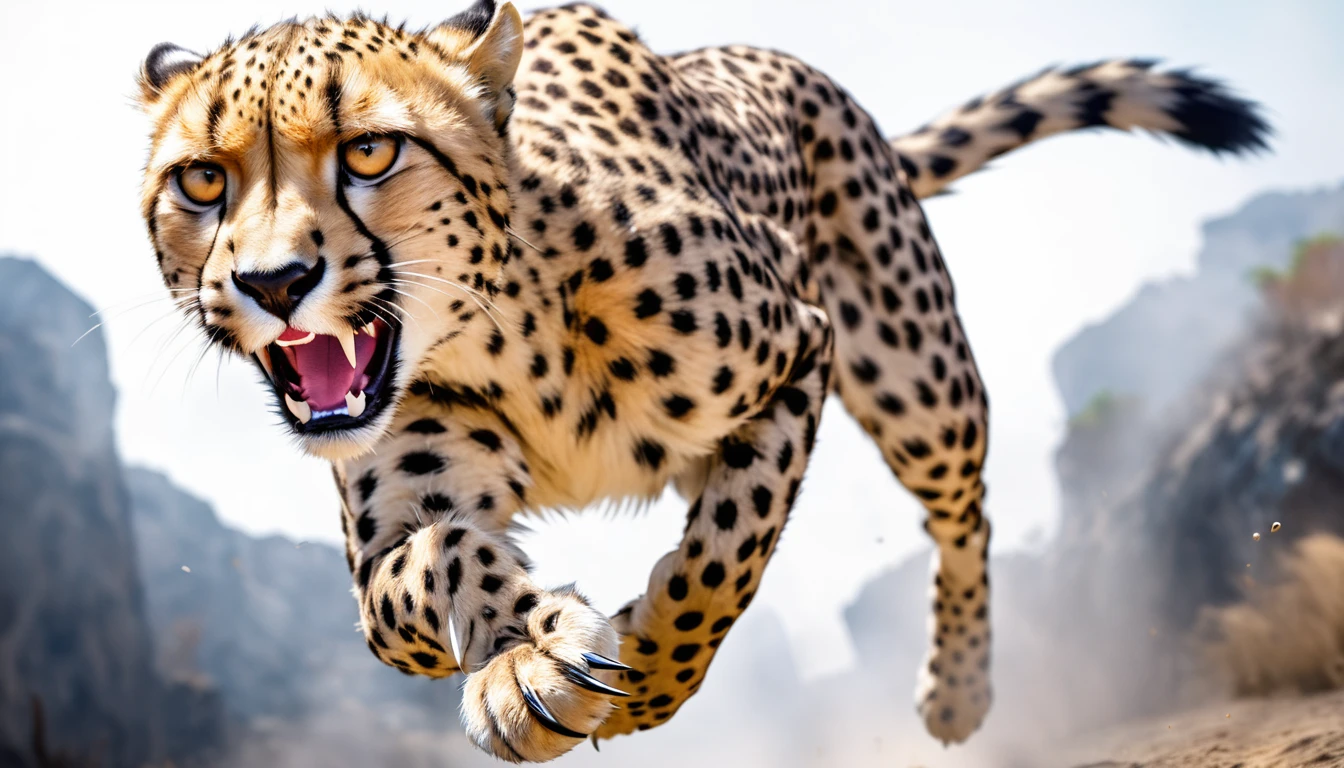 Realistic photos, RAW Photos, Cheetah attacks viewer, Powerful movements, jump on prey, ((Dynamic jump)), Sharp Claws, ハイエナ approaching from above, sudden approach, Bad-tempered, dynamic Shot from grand