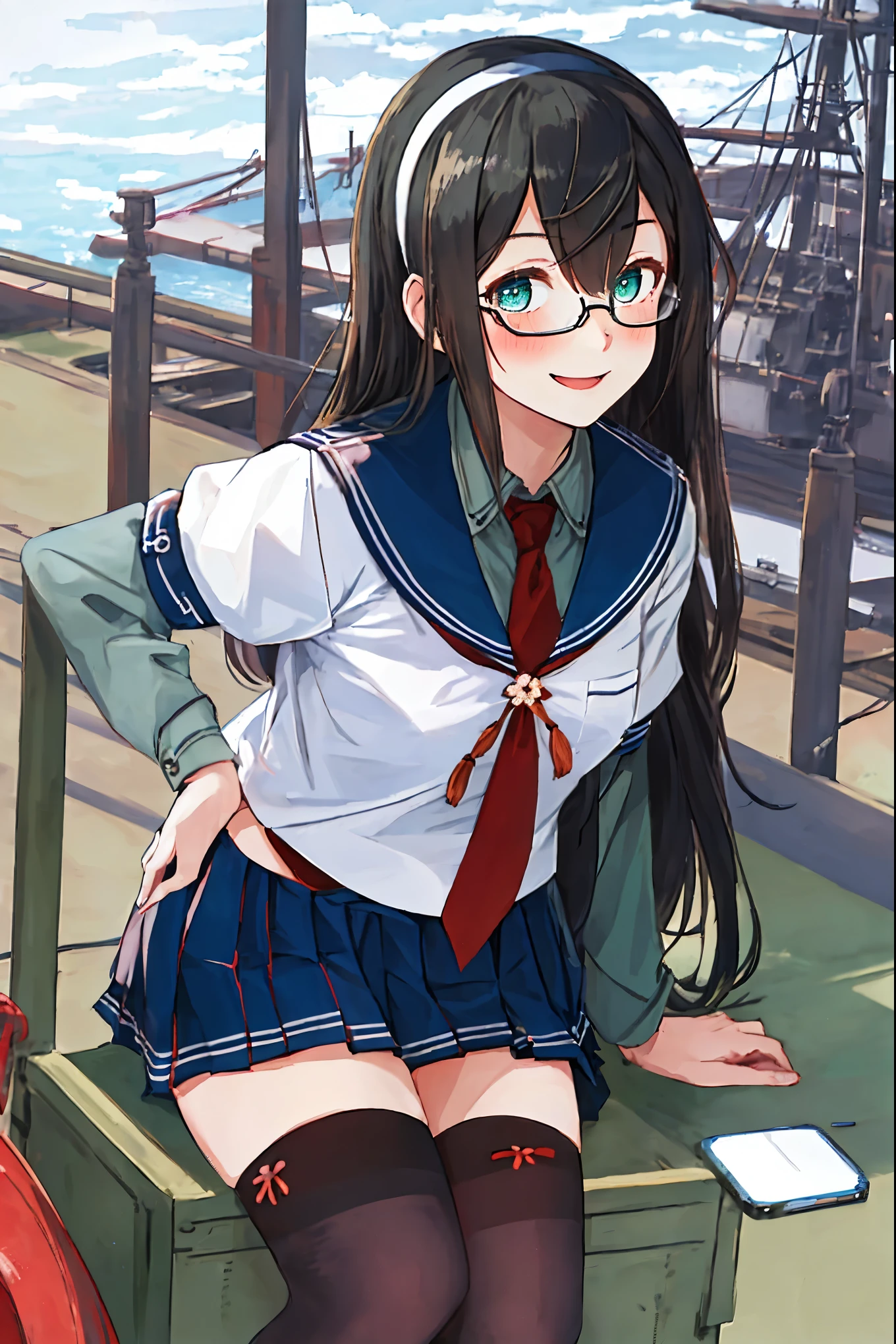 best quality, masterpiece, highres, solo, {ooyodo_kantaicollection:1.15}, black_hair, long_hair, glasses, hairband, semi-rimless_eyewear, under-rim_eyewear, blue_eyes, green_eyes, blush,small_breasts, 1girl, school_uniform, serafuku, pleats_skirt, looking_at_viewer, necktie, harbor_town_background, red_necktie,(angry:0.7),smile,Proudly,thigh-highs,sitting,open_mouth,,selfie,outdoor,