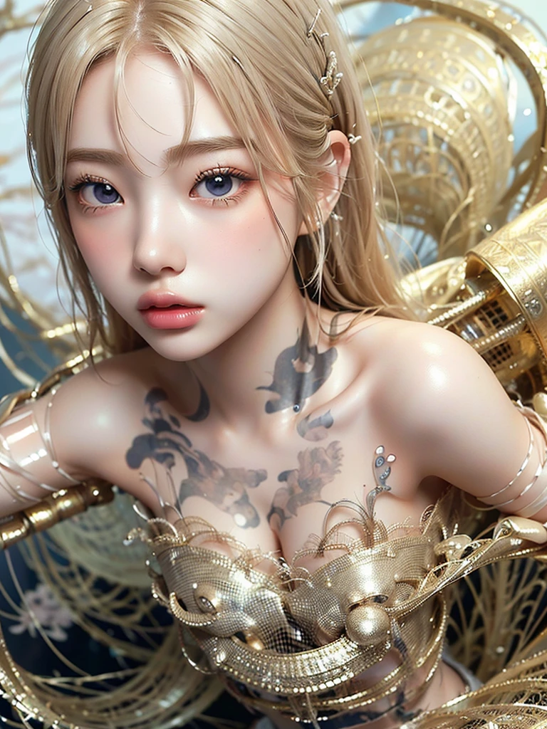 8K,Confused, High resolution, Very detailed, 1 Girl, alone, Very beautiful eyes, Ultra-precise depiction, Very detailed depiction, (Tangled:1.2), , (Abstract background:1.5), (Wedding dress:1.2 Short platinum blonde, (Shiny skin), Many colors, , (Shooting from above:1.2),Small body、Flat Body、slim、cute、、Round face、Cast a Shadow